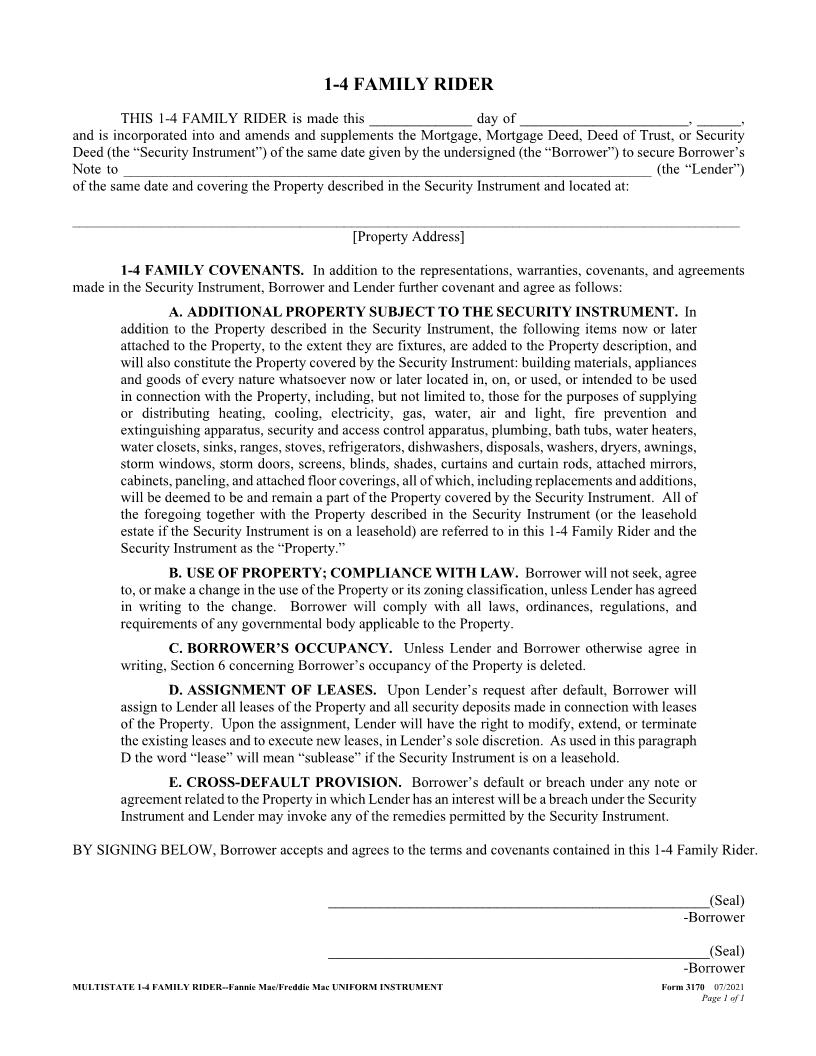1-4 Family Rider (Fannie Mae Or Freddie Mac Uniform Instrument) {3170} | Pdf Fpdf Doc Docx | New York