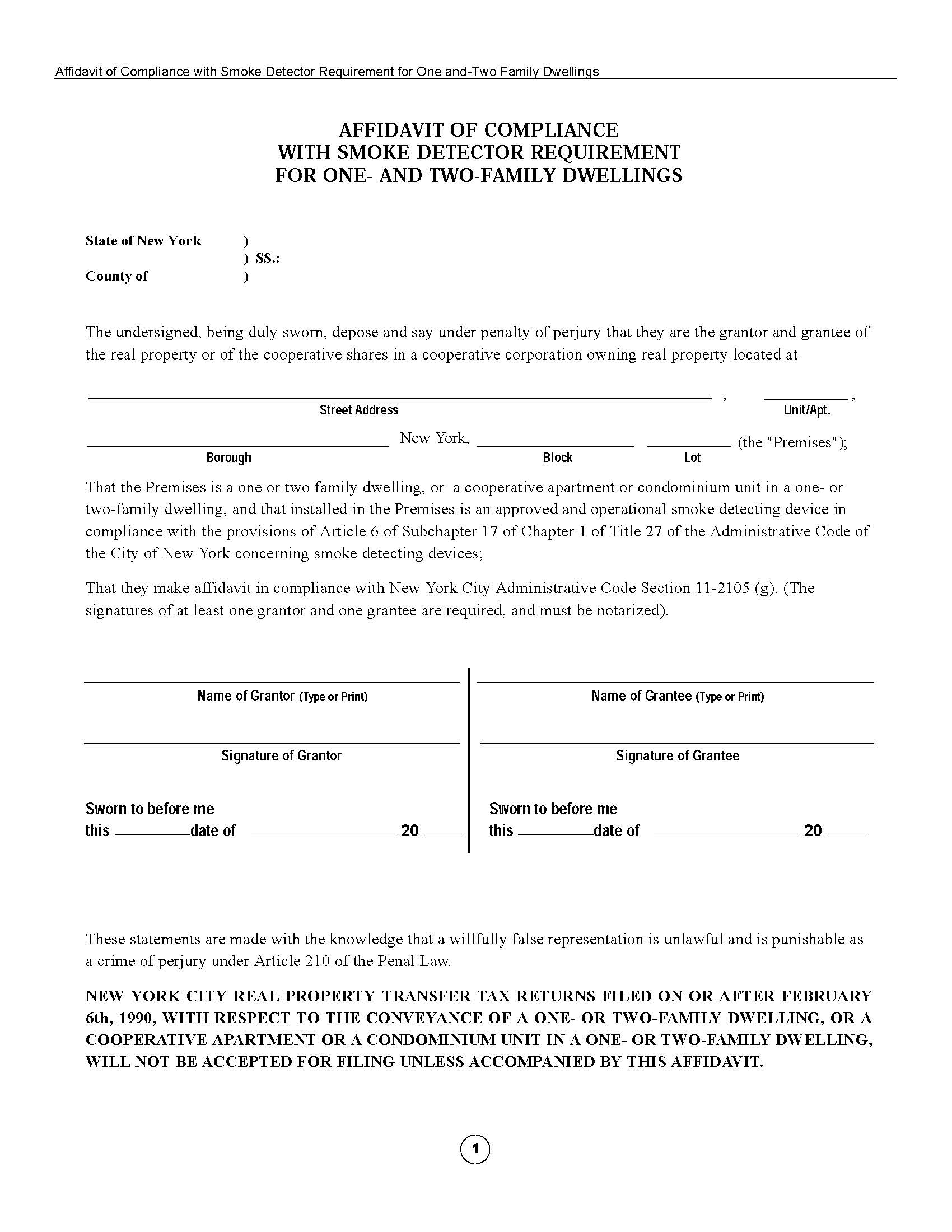 Affidavit Of Compliance Smoke Detector Requirement 1-2 Family Dwellings (NYC) | Pdf Fpdf Docx | New York