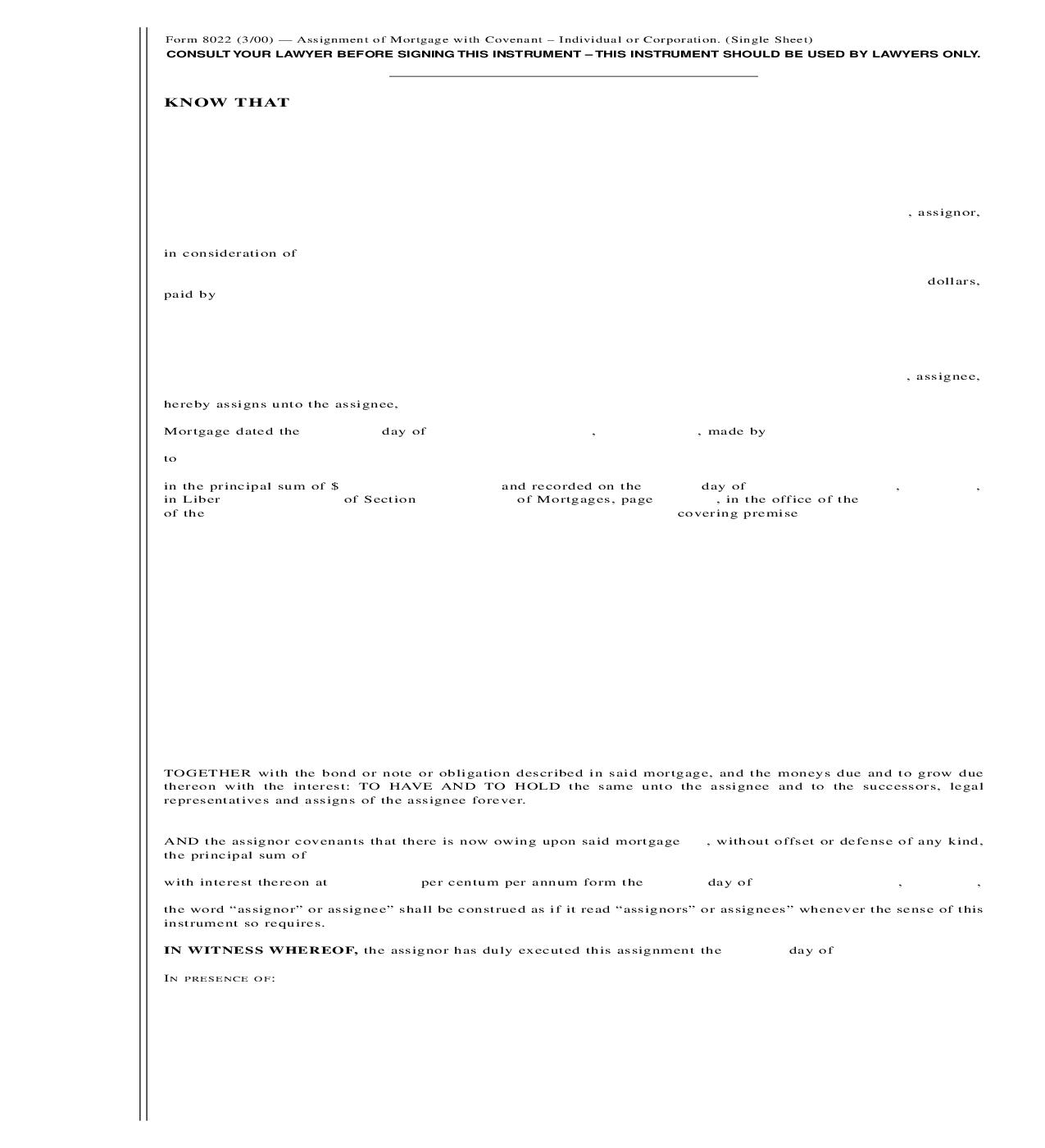 Assignment Of Mortgage With Covenant {8022} | Pdf Fpdf Doc Docx | New York