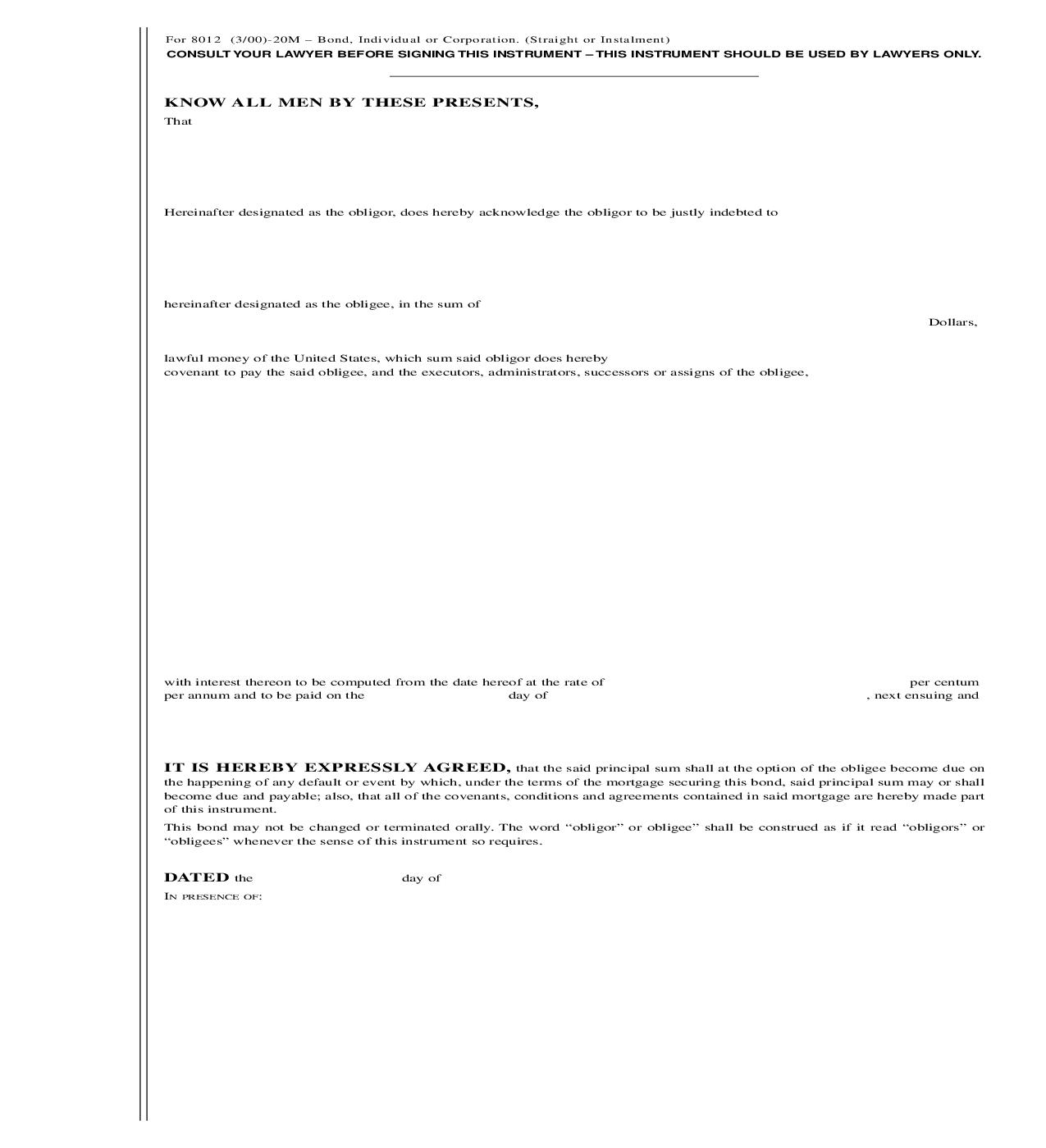 Bond - Individual Or Corporation (Straight Or Installment) {8012} | Pdf Fpdf Doc Docx | New York