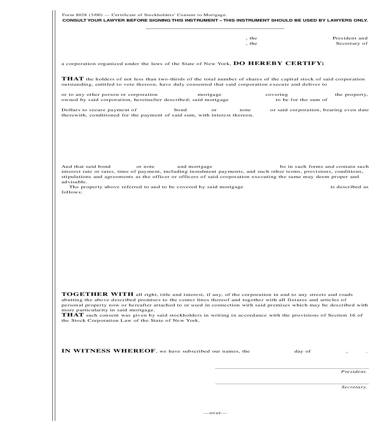 Certificate Of Stockholders Consent To Mortgage {8028} | Pdf Fpdf Doc Docx | New York
