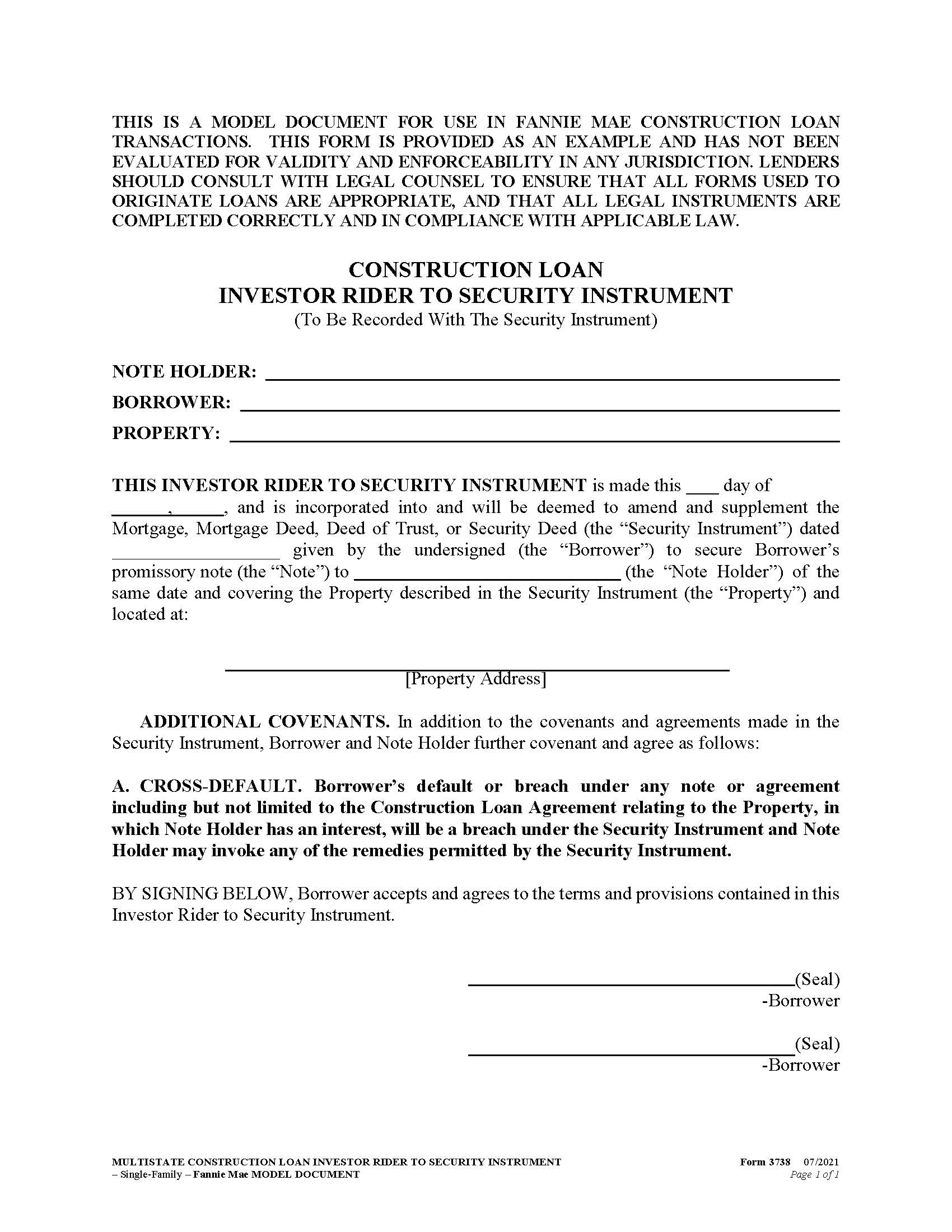 Construction Loan Investment Rider To Security Instrument {3738} | Pdf Fpdf Docx | New York