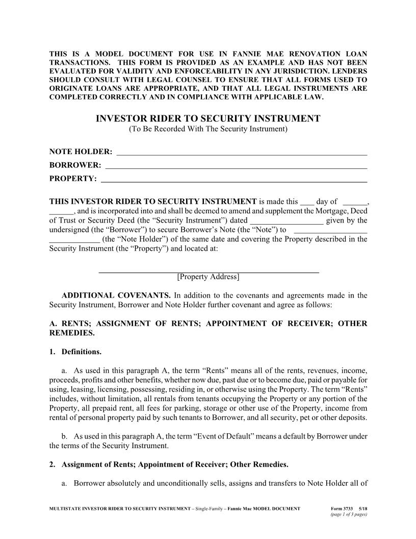 Investor Rider To Secutiry Instrument (Fannie Mae - Assignment Of Rents) {3733} | Pdf Fpdf Docx | New York