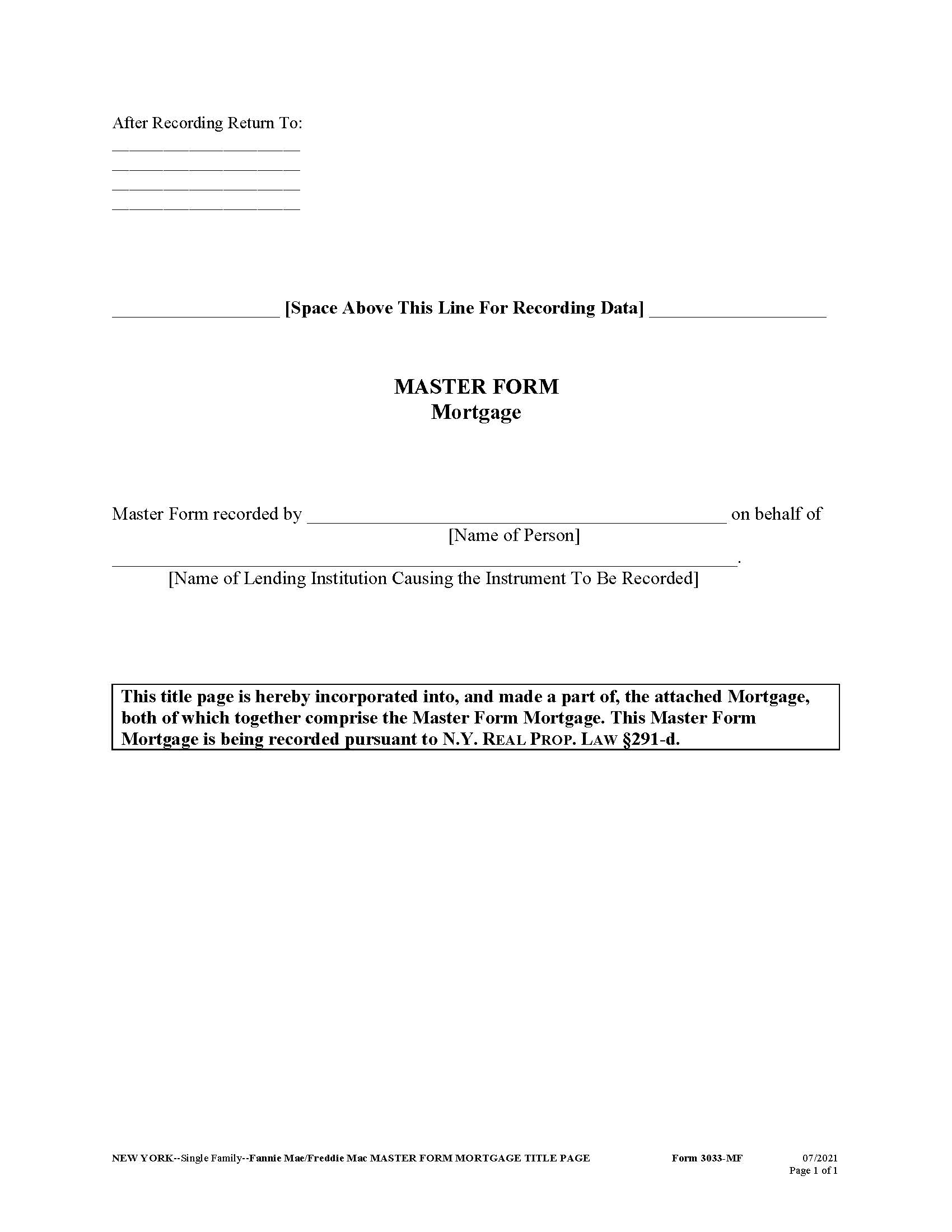 Master Form Mortgage Title Page (Single Family Fannie Mae Freddie Mac) {3033-MF} | Pdf Fpdf Docx | New York