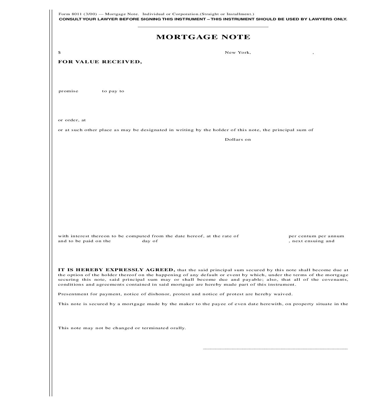 Mortgage Note - Individual Or Corporation (Straight Or Installment) {8011} | Pdf Fpdf Doc Docx | New York