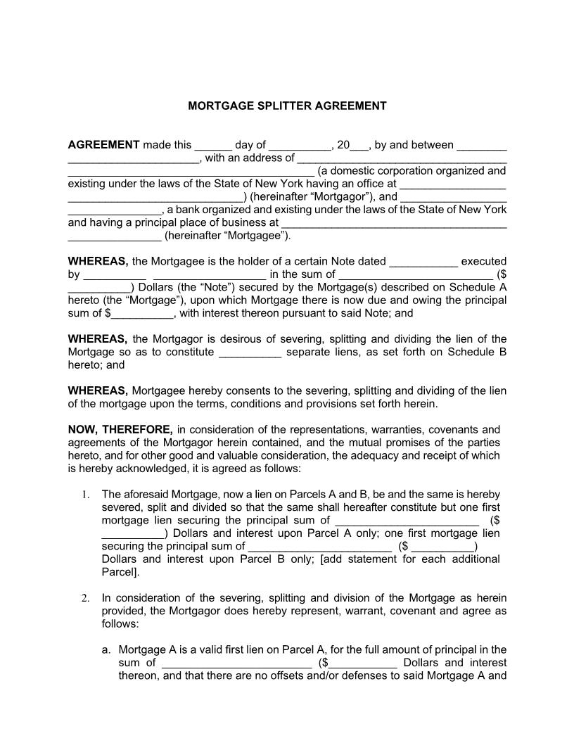 Mortgage Splitter Agreement | Pdf Fpdf Docx | New York