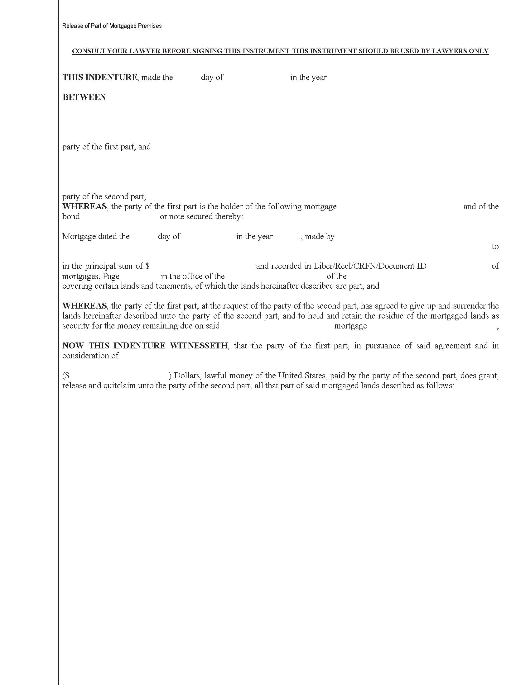 Release Of Part Of Mortgaged Premises {NY 009} | Pdf Fpdf Doc Docx | New York