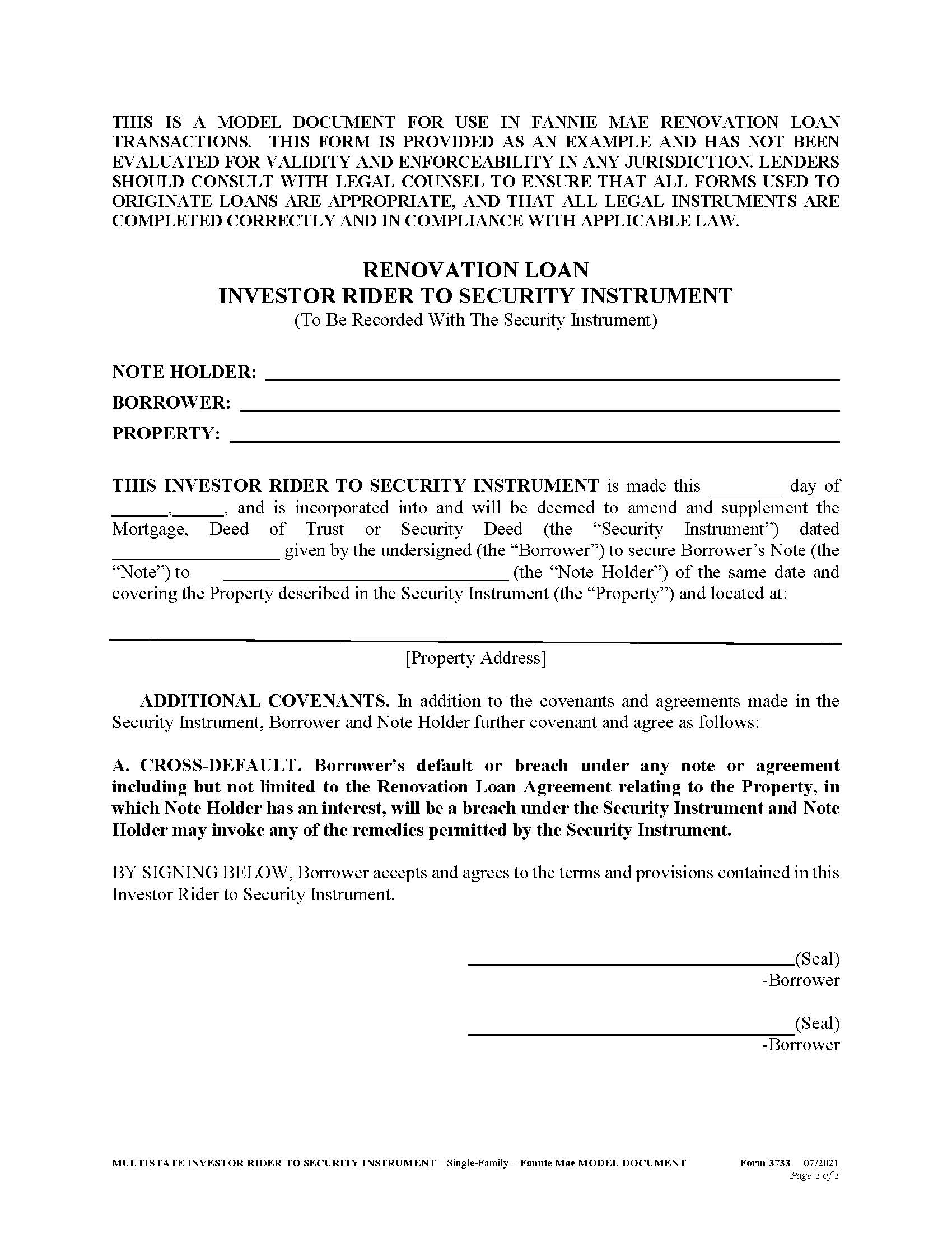 Renovation Loan Investment Rider To Security Instrument {3733} | Pdf Fpdf Docx | New York