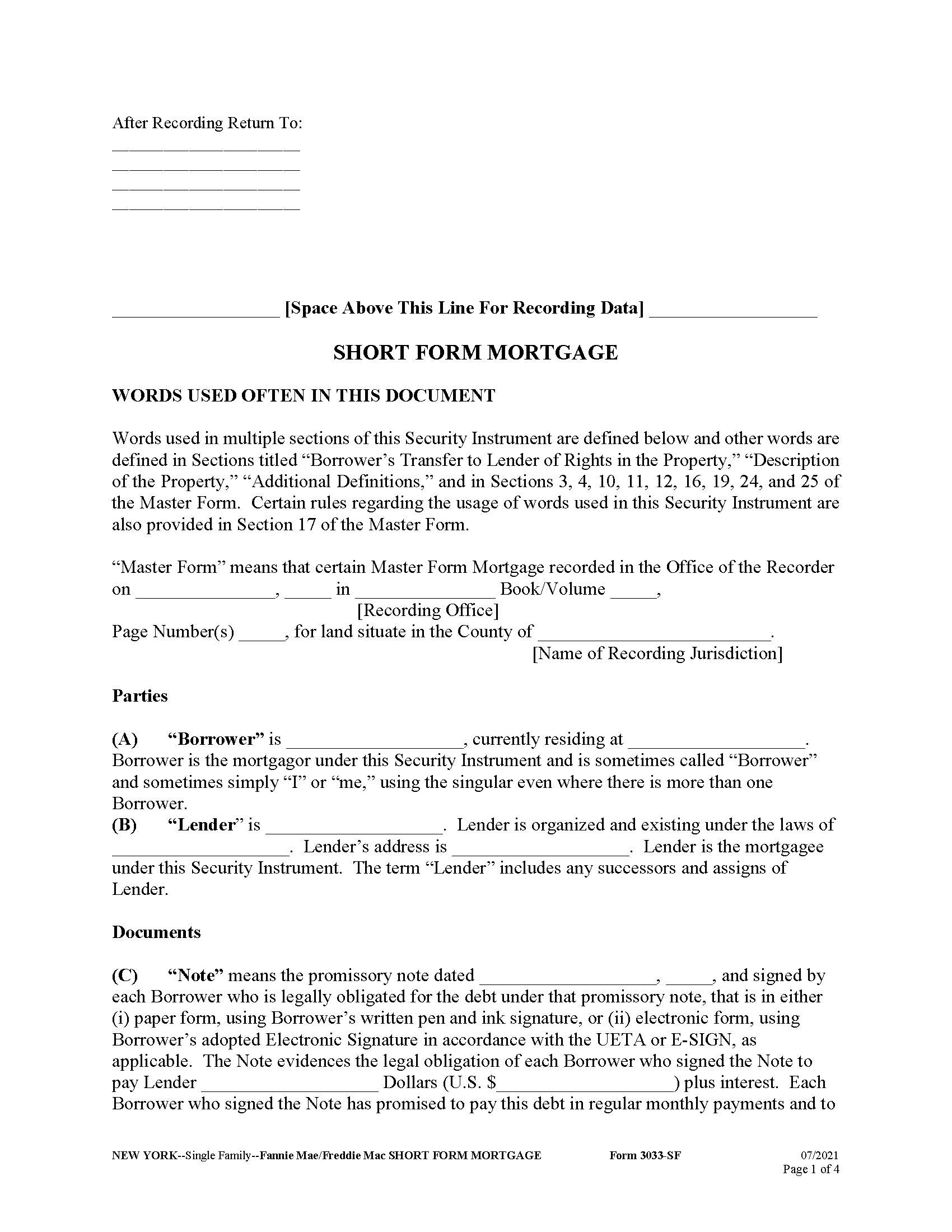 Short Form Mortgage (Single Family Fannie Mae Freddie Mac) {3033-SF} | Pdf Fpdf Docx | New York