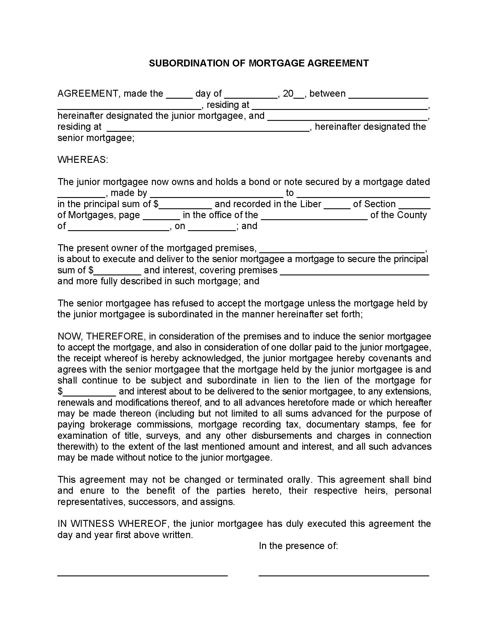 Subordination Agreement (Of Mortgage) (NY 020) | Pdf Fpdf Docx | New York