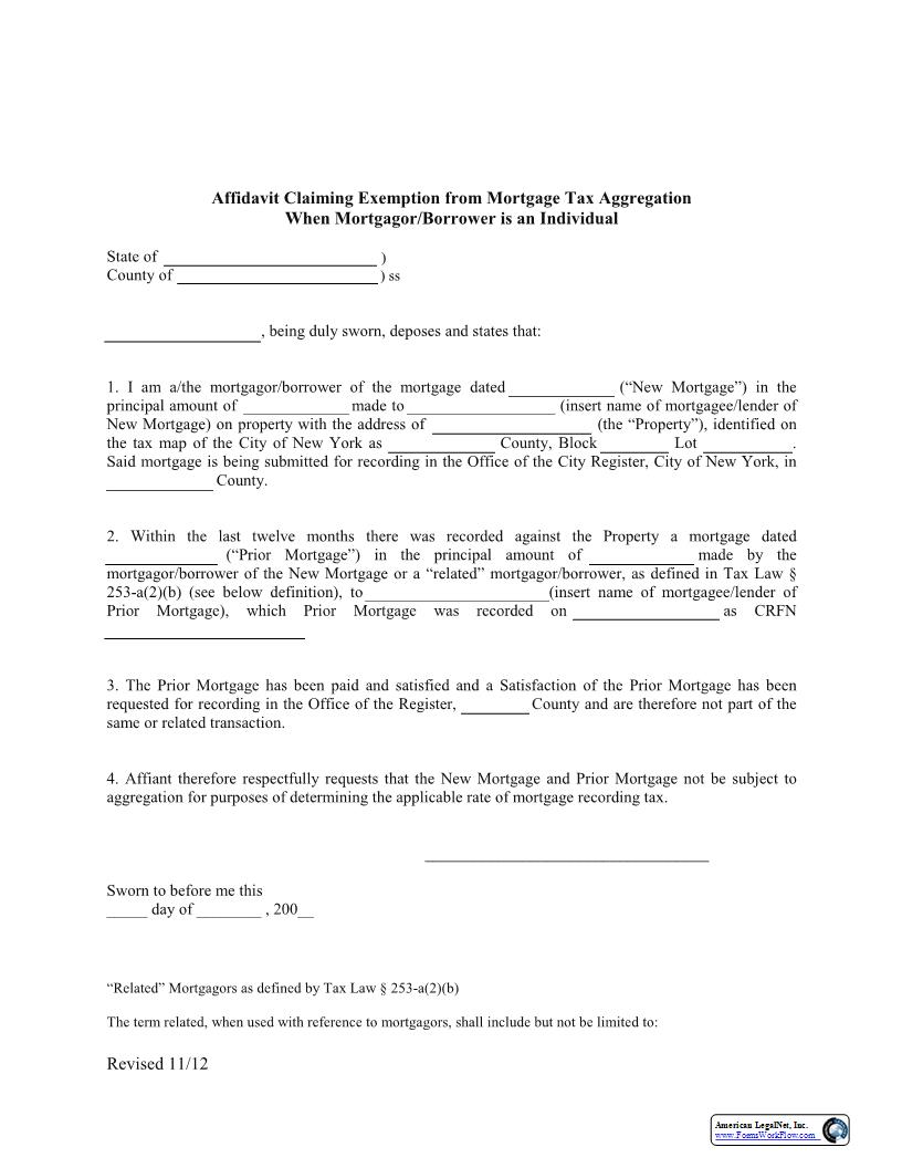 Affidavit Claiming Exemption From Mortgage Tax Aggregation Individual Mortgagor Borrower | Pdf Fpdf Docx | New York