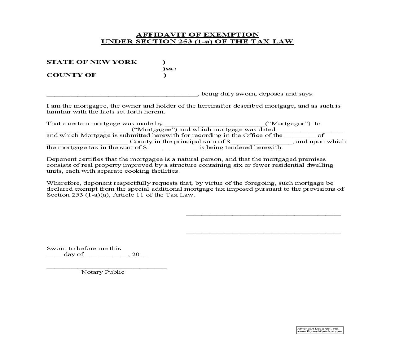 Affidavit Of Exemption Under Section 253 (1-a) Of The Tax Law | Pdf Fpdf Doc Docx | New York
