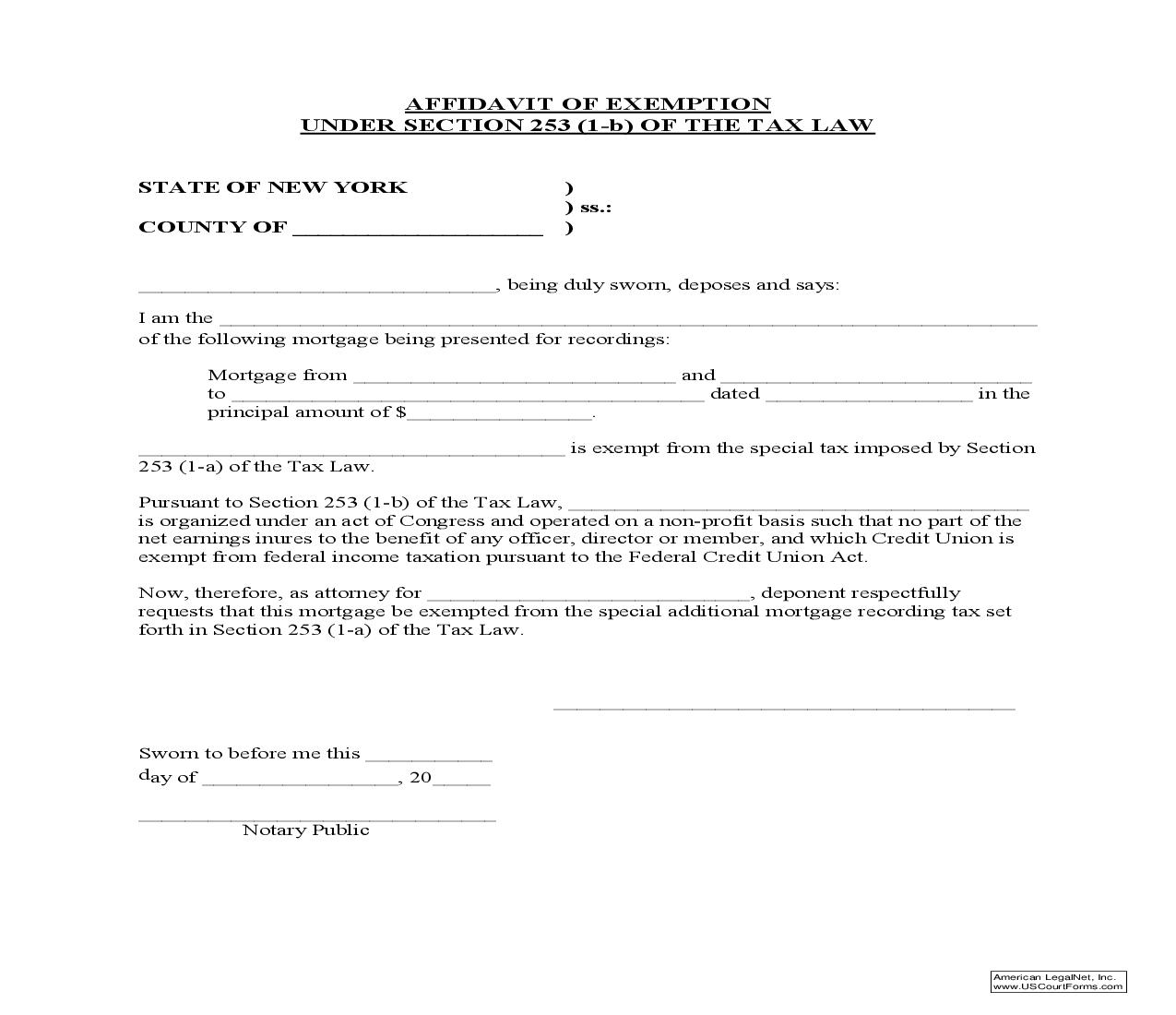 Affidavit Of Exemption Under Section 253 (1-b) Of The Tax Law | Pdf Fpdf Doc Docx | New York