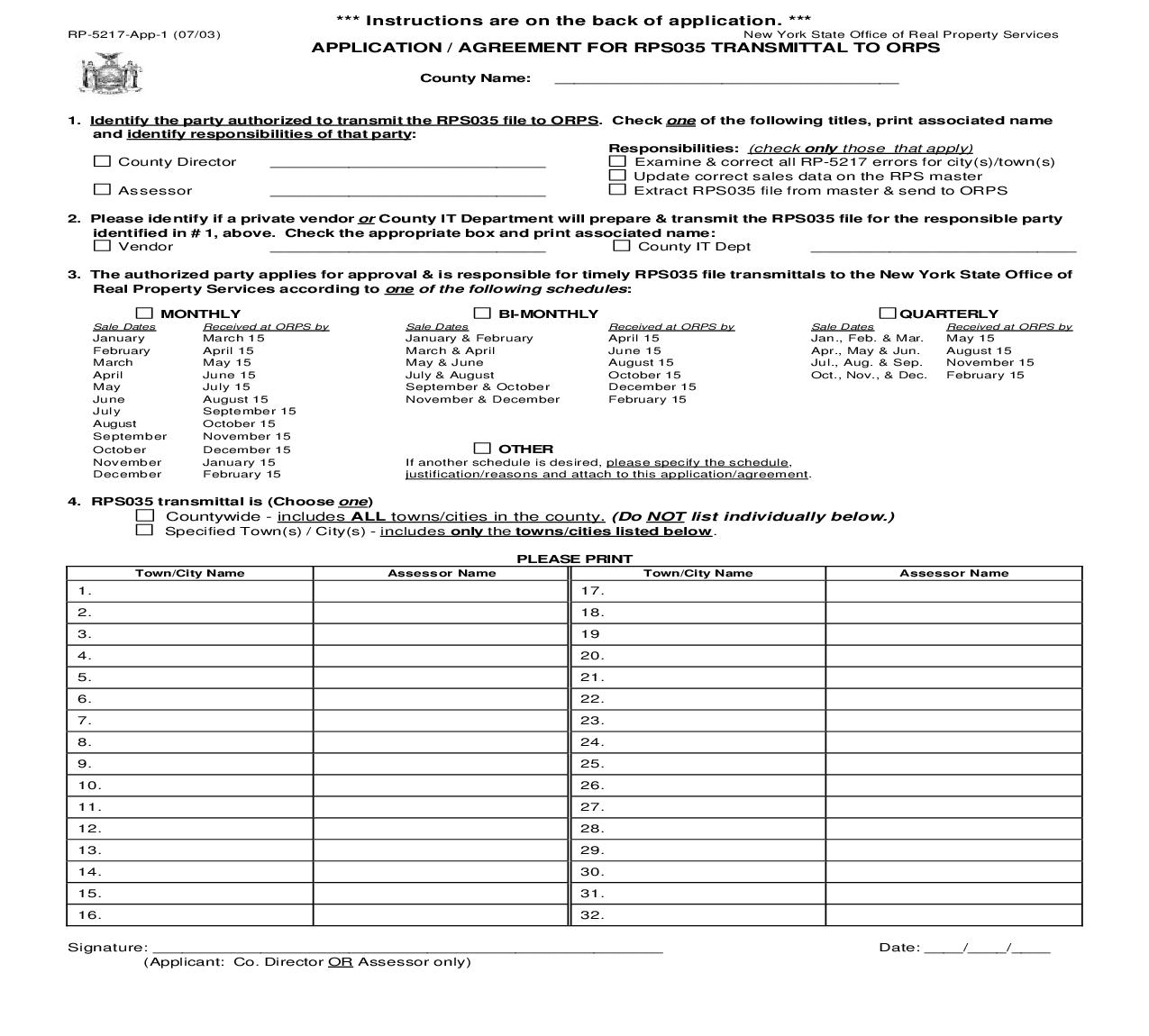 Application-Agreement For RPS035 Transmittal To ORPS {RP-5217-App-1} | Pdf Fpdf Doc Docx | New York