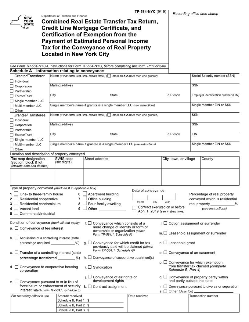 Combined Real Estate Transfer Tax Mortgage Certificate Certification Of Exemption NYC {TP-584-NYC} | Pdf Fpdf Docx | New York