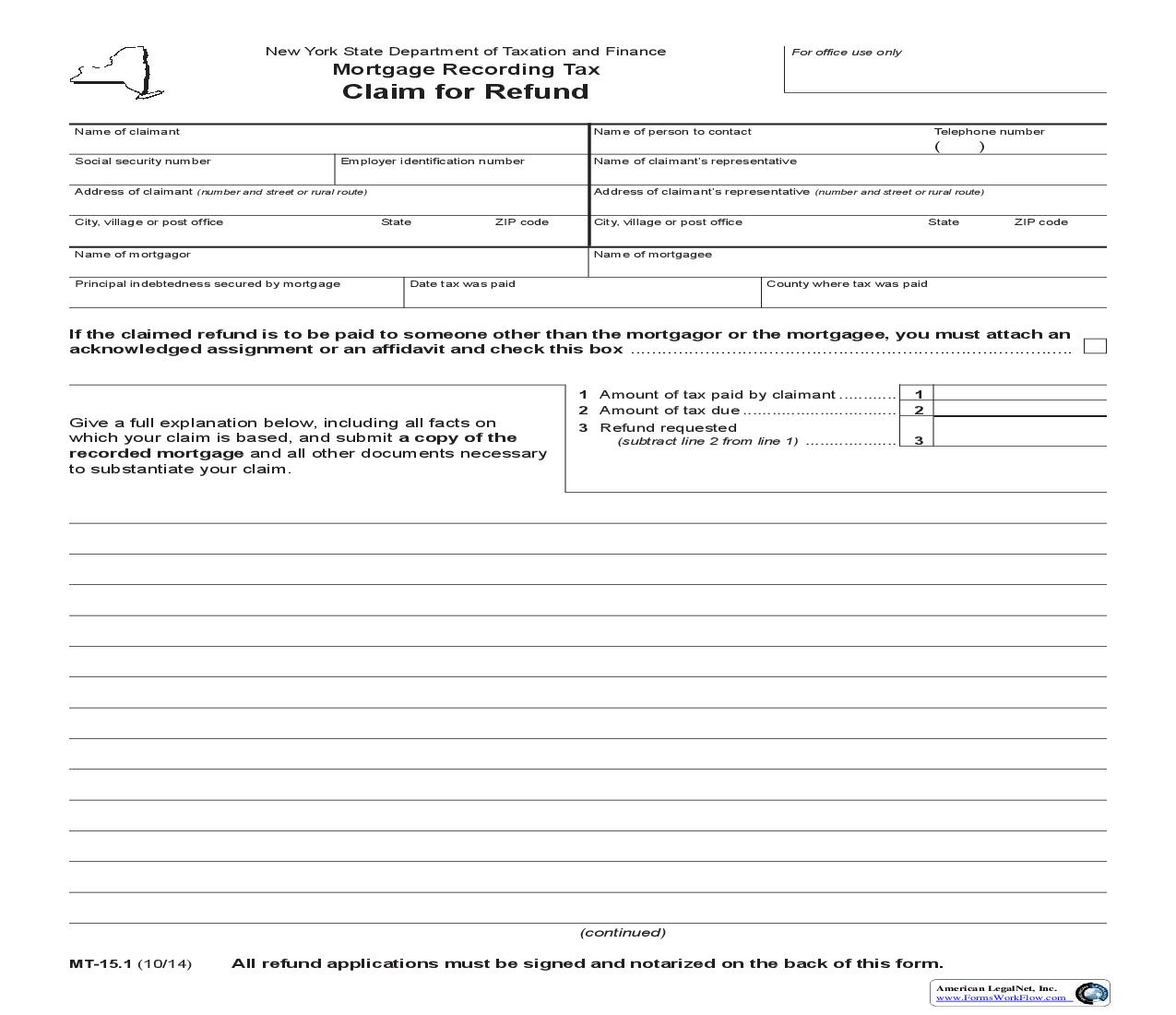 Mortgage Recording Tax Claim For Refund {MT-15.1} | Pdf Fpdf Doc Docx | New York
