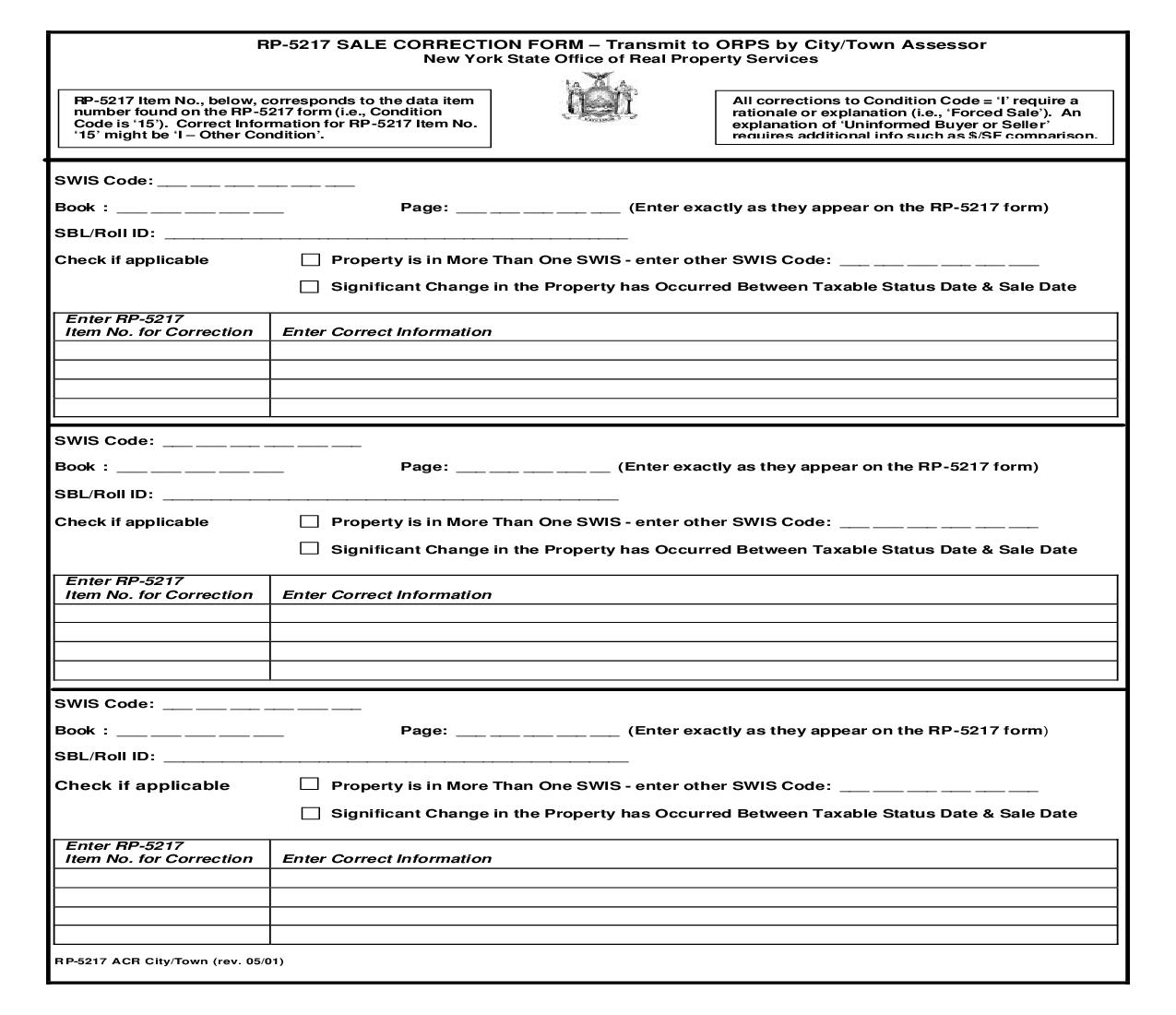 RP-5217 Sale Correction Form-Transmitt To ORPS By City-Town Assessor {RP-5217 ACR City-Town} | Pdf Fpdf Doc Docx | New York