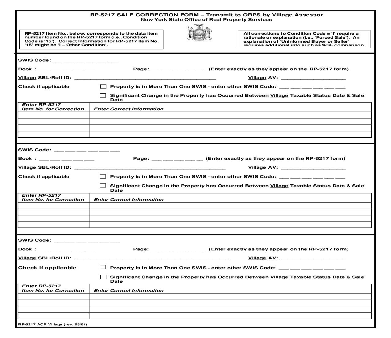 RP-5217 Sale Correction Form-Transmitt To ORPS By Village Assessor {RP-5217 ACR Village} | Pdf Fpdf Doc Docx | New York