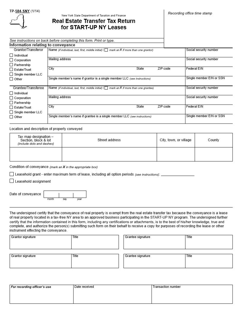 Real Estate Transfer Tax Return For START-UP NY Leases {TP-584-SNY} | Pdf Fpdf Docx | New York