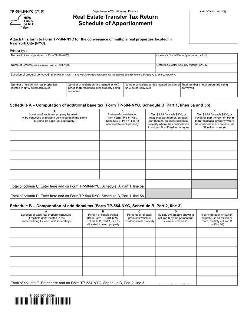 Real Estate Transfer Tax Return Schedule Of Apportionment {TP-584.6-NYC} | Pdf Fpdf Docx | New York