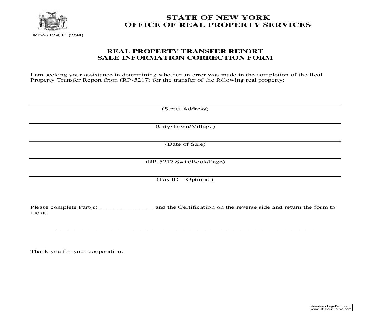 Real Property Transfer Report Sale Information Correction Form {RP-5217-CF} | Pdf Fpdf Doc Docx | New York