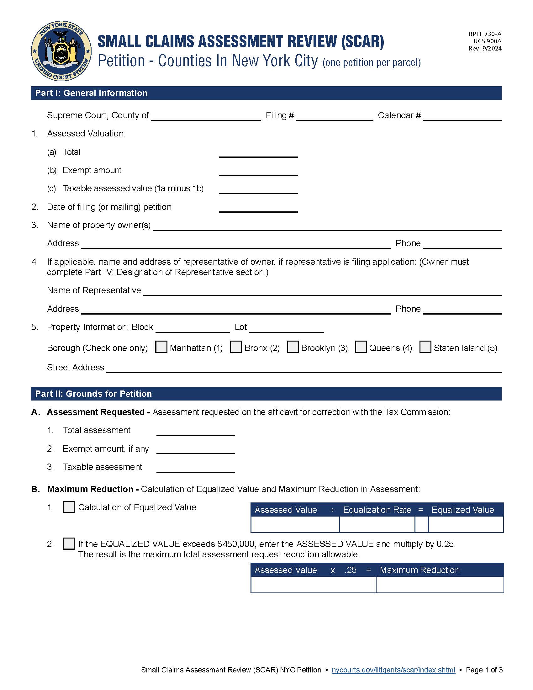 Petition Small Claims Assessment Review In Counties In New York City {UCS 900A} | Pdf Fpdf Docx | New York