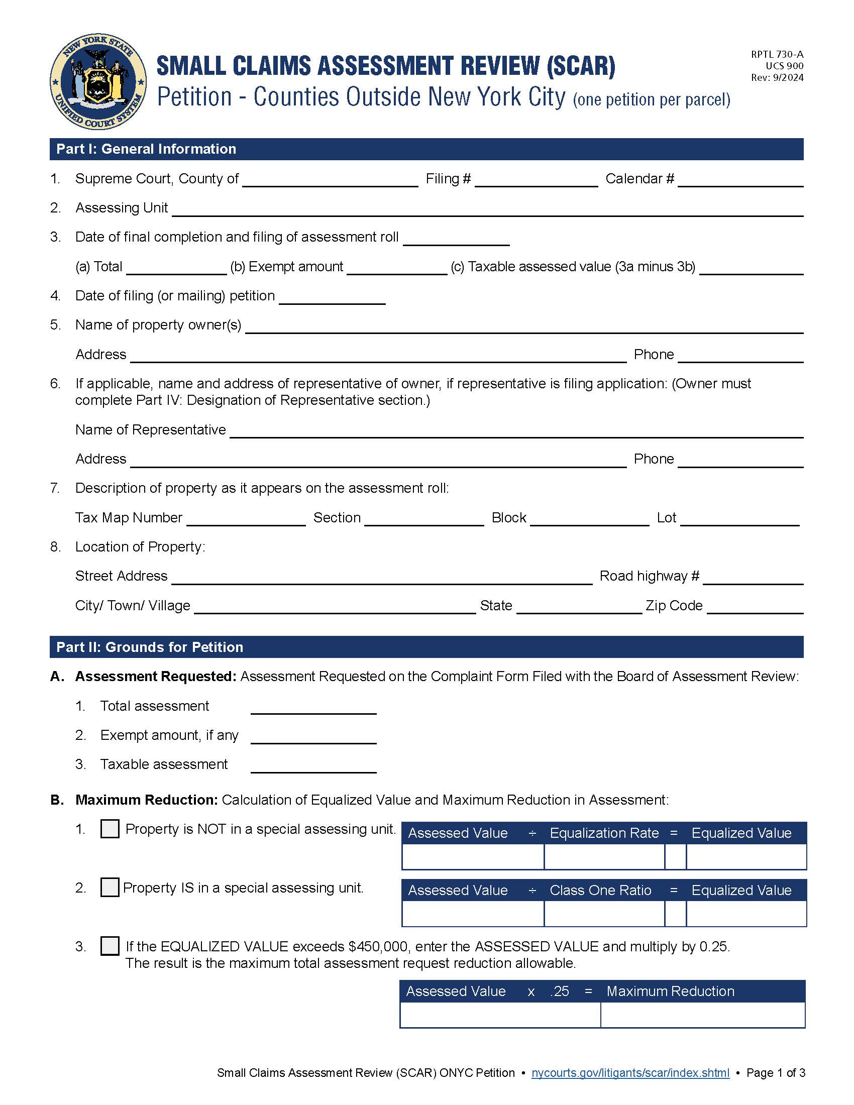 Petition Small Claims Assessment Review In Counties Outside New York City {UCS 900} | Pdf Fpdf Docx | New York