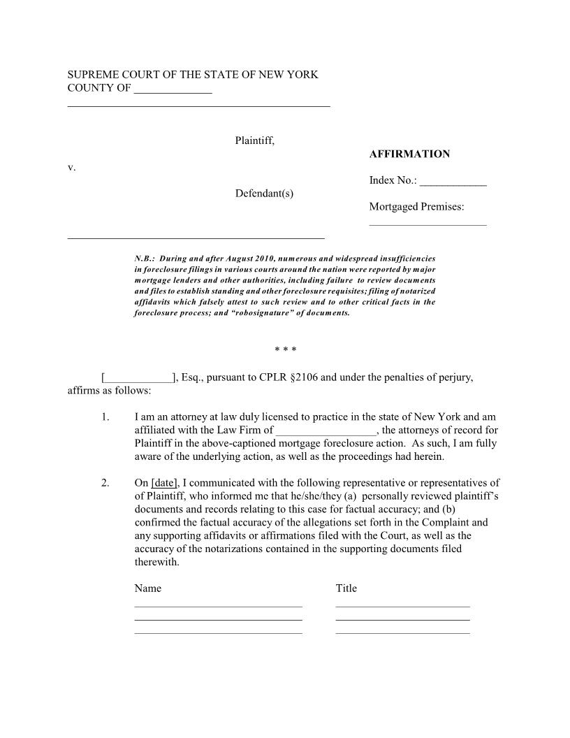 (Attorney) Affirmation And Affidavit (Foreclosure) | Pdf Fpdf Docx | New York