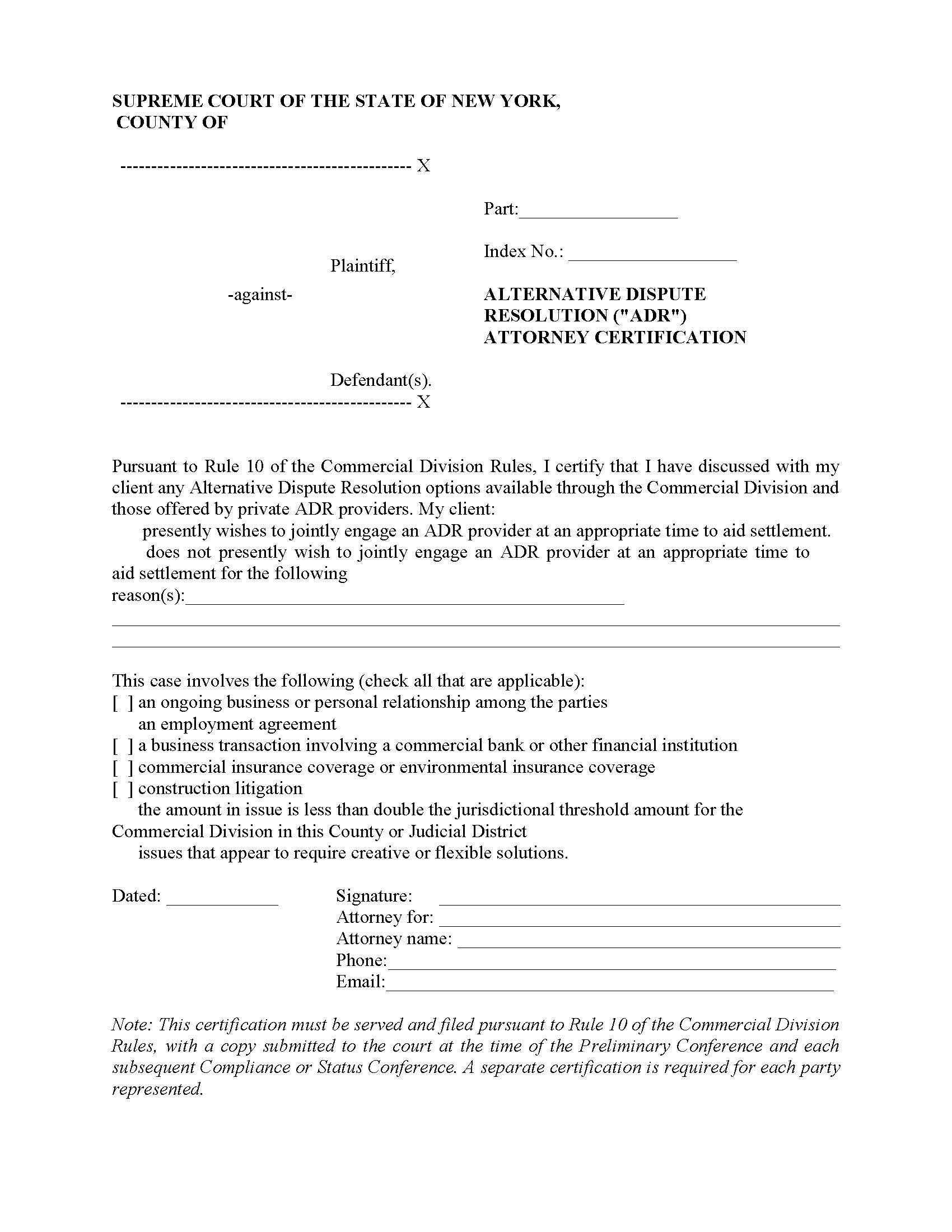 Alternative Dispute Resolution (ADR) Attorney Certification (Commercial Division) | Pdf Fpdf Docx | New York