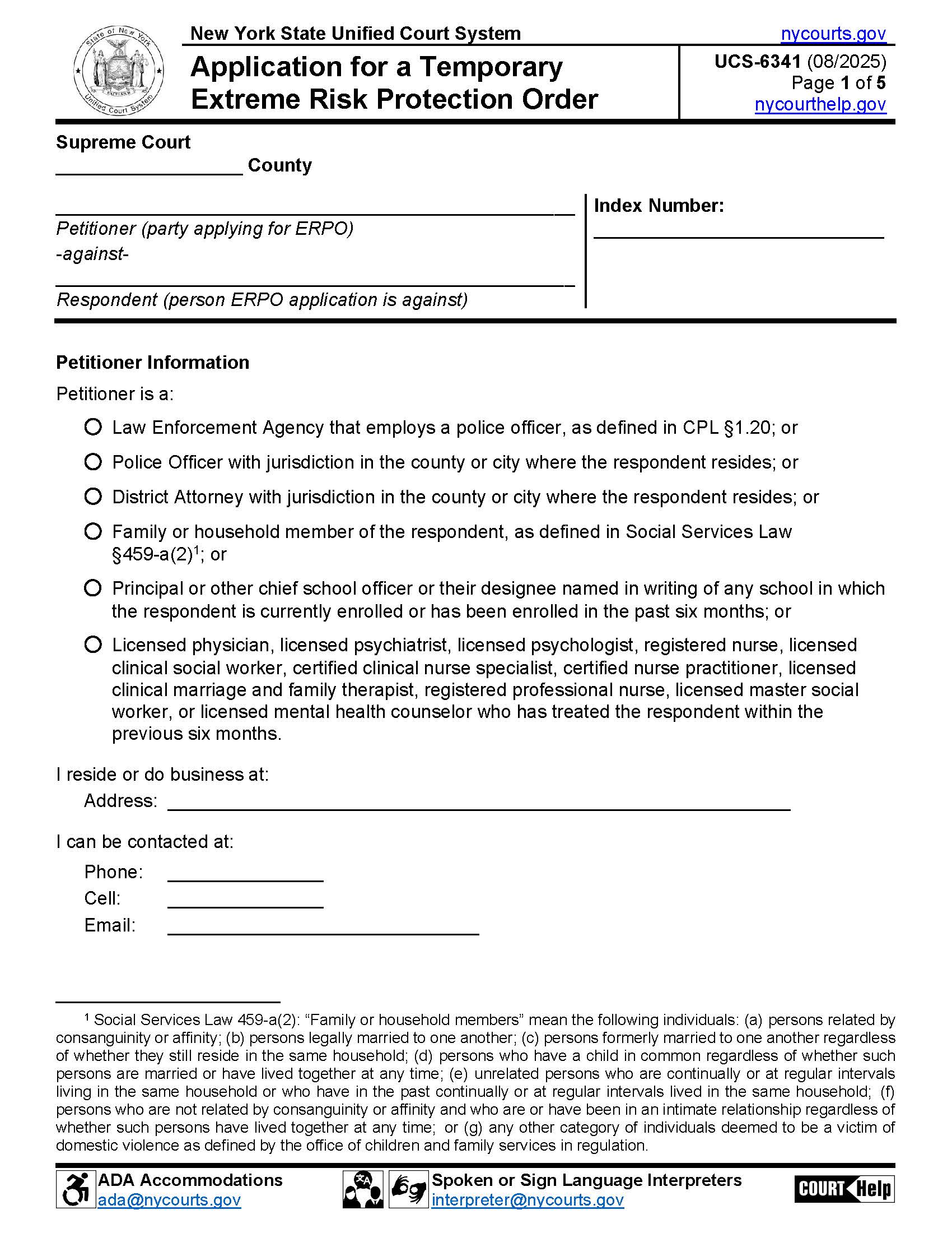 Application For A Temporary Extreme Risk Protection Order {UCS-6341} | Pdf Fpdf Docx | New York