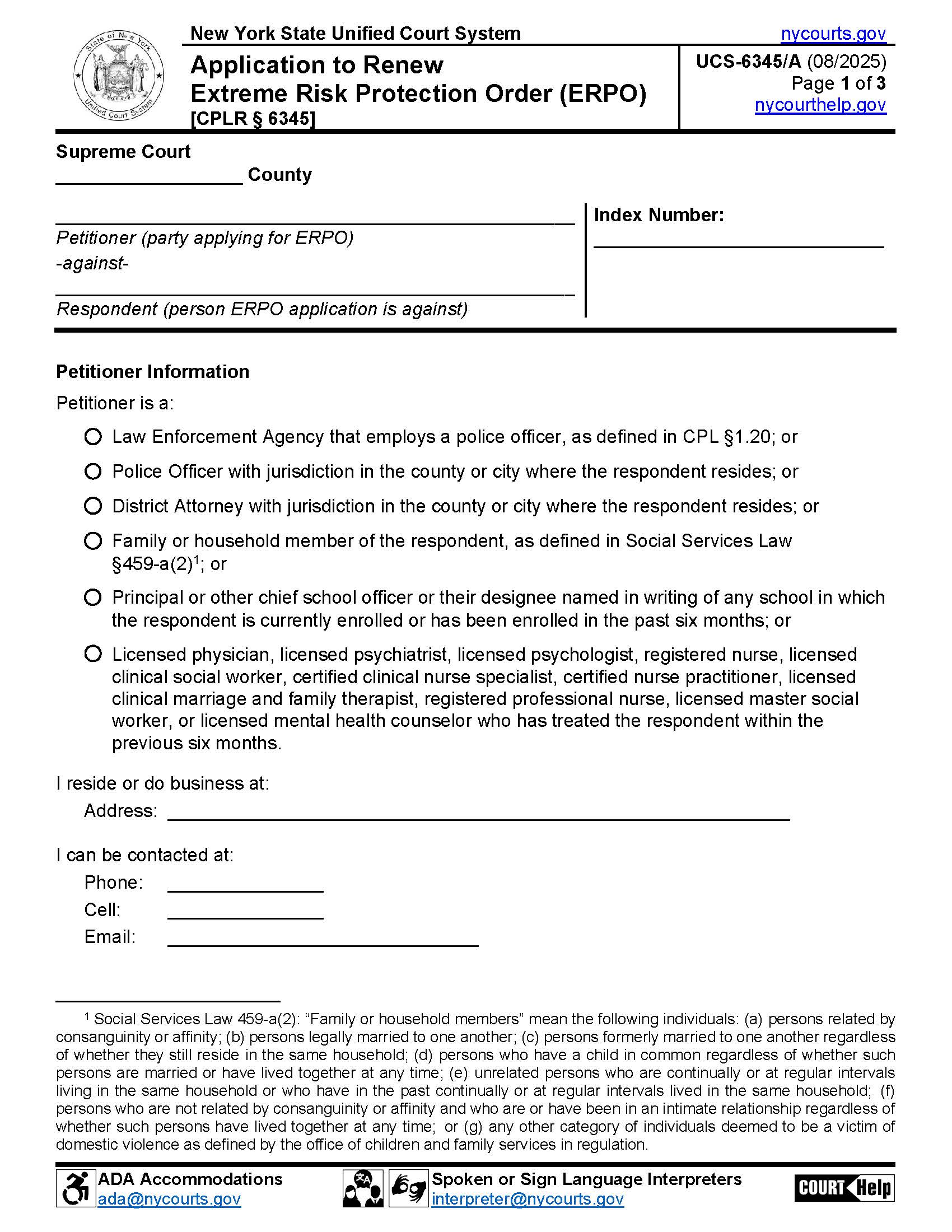 Application For Renewal Of An Extreme Risk Protection Order {UCS-6345A} | Pdf Fpdf Docx | New York