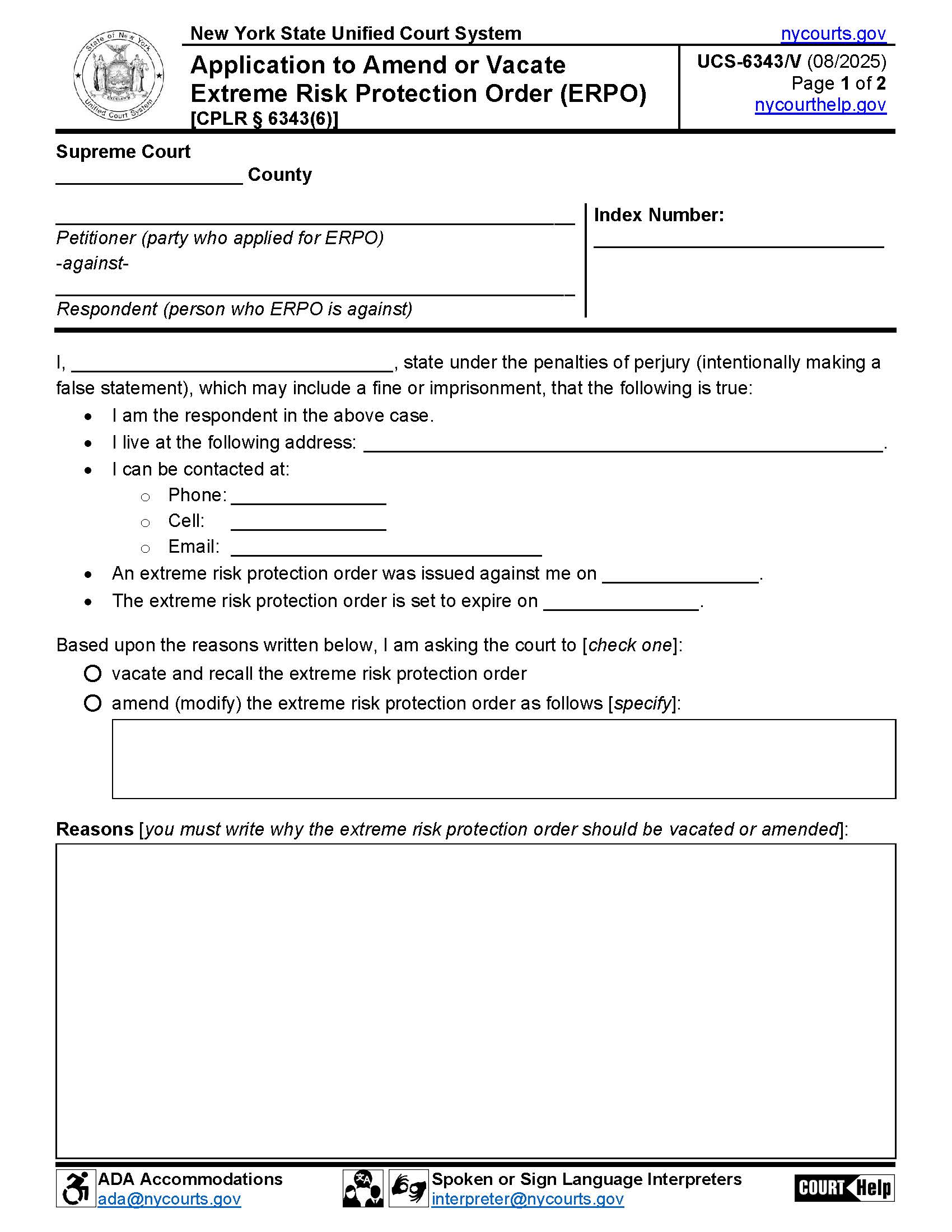 Application To Amend Or Vacate Extreme Risk Protection Order {UCS-6343V} | Pdf Fpdf Docx | New York