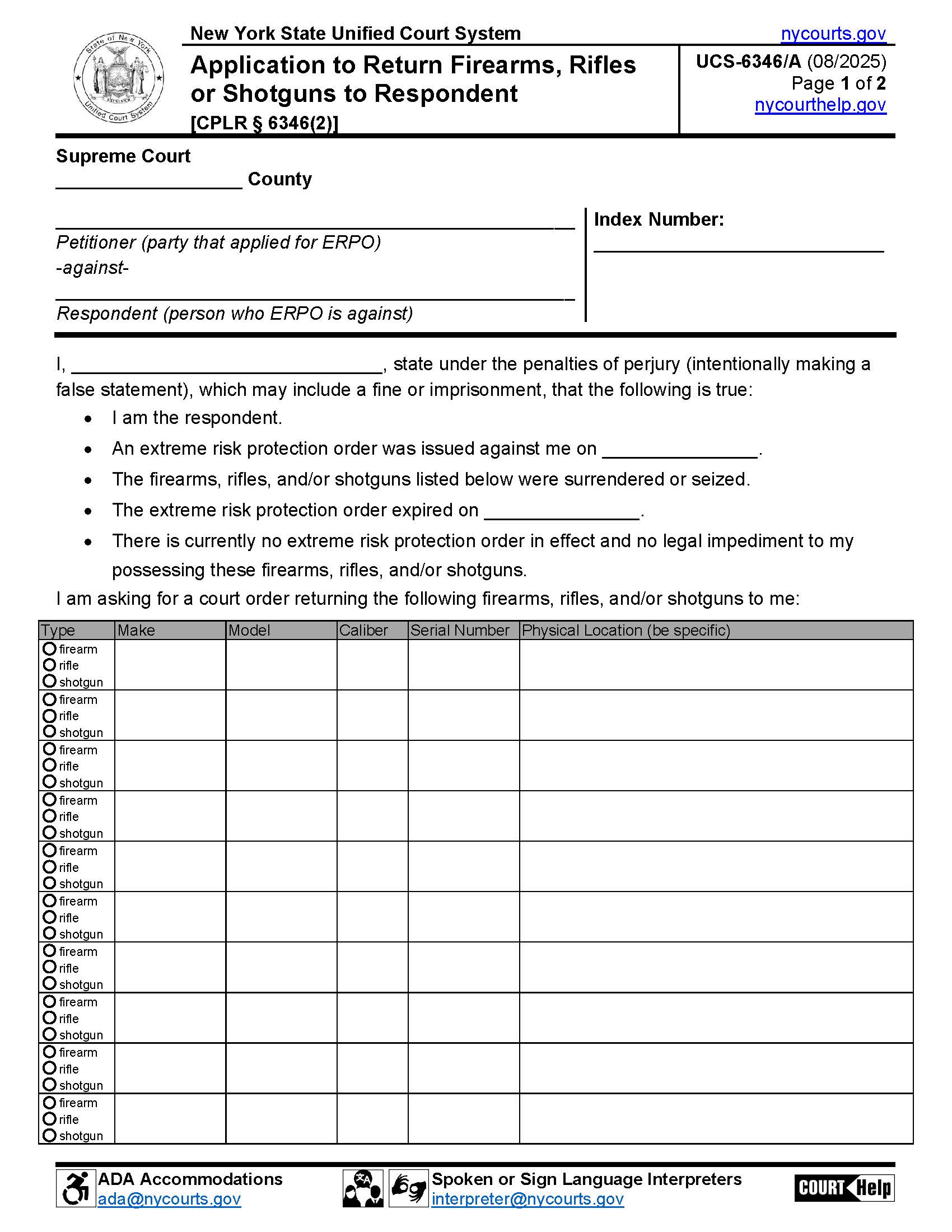 Application To Return Firearms Rifles Or Shotguns Respondent {UCS-6346A} | Pdf Fpdf Docx | New York