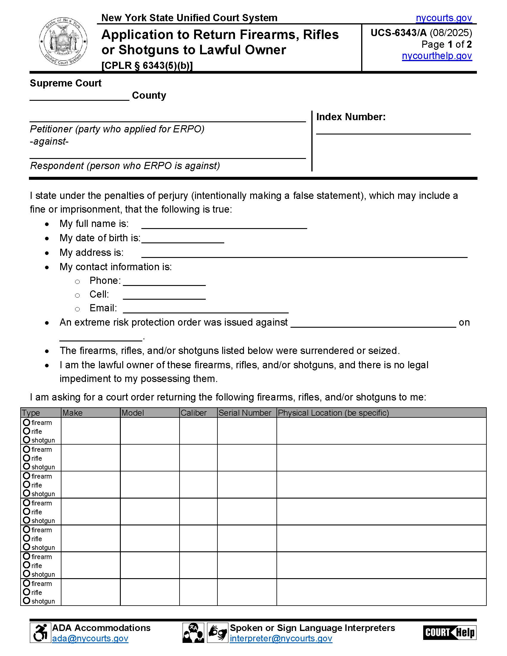 Application To Return Firearms Rifles Or Shotguns To Lawful Owner {UCS-6343A} | Pdf Fpdf Docx | New York