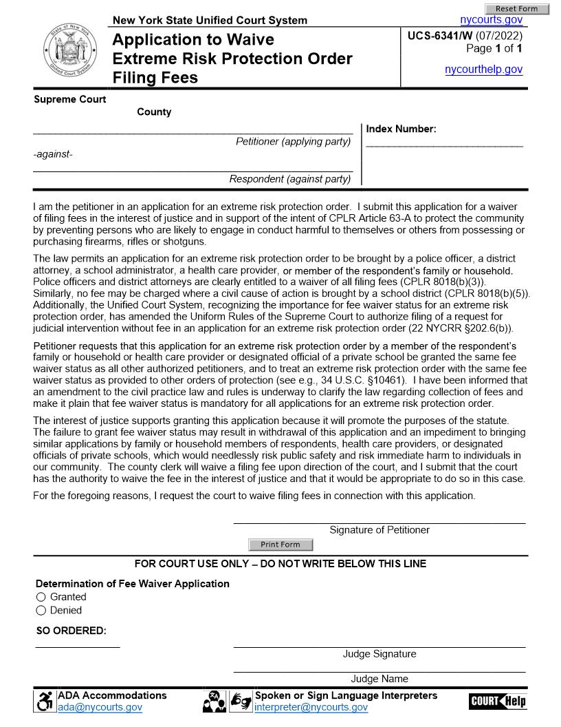 Application To Waive Extreme Risk Protection Order FIling Fees {UCS-6341W} | Pdf Fpdf Docx | New York