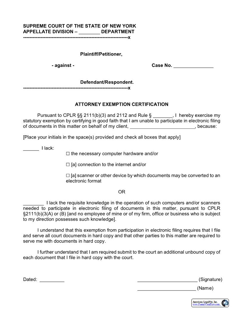 Attorney Exemption Certification | Pdf Fpdf Docx | New York