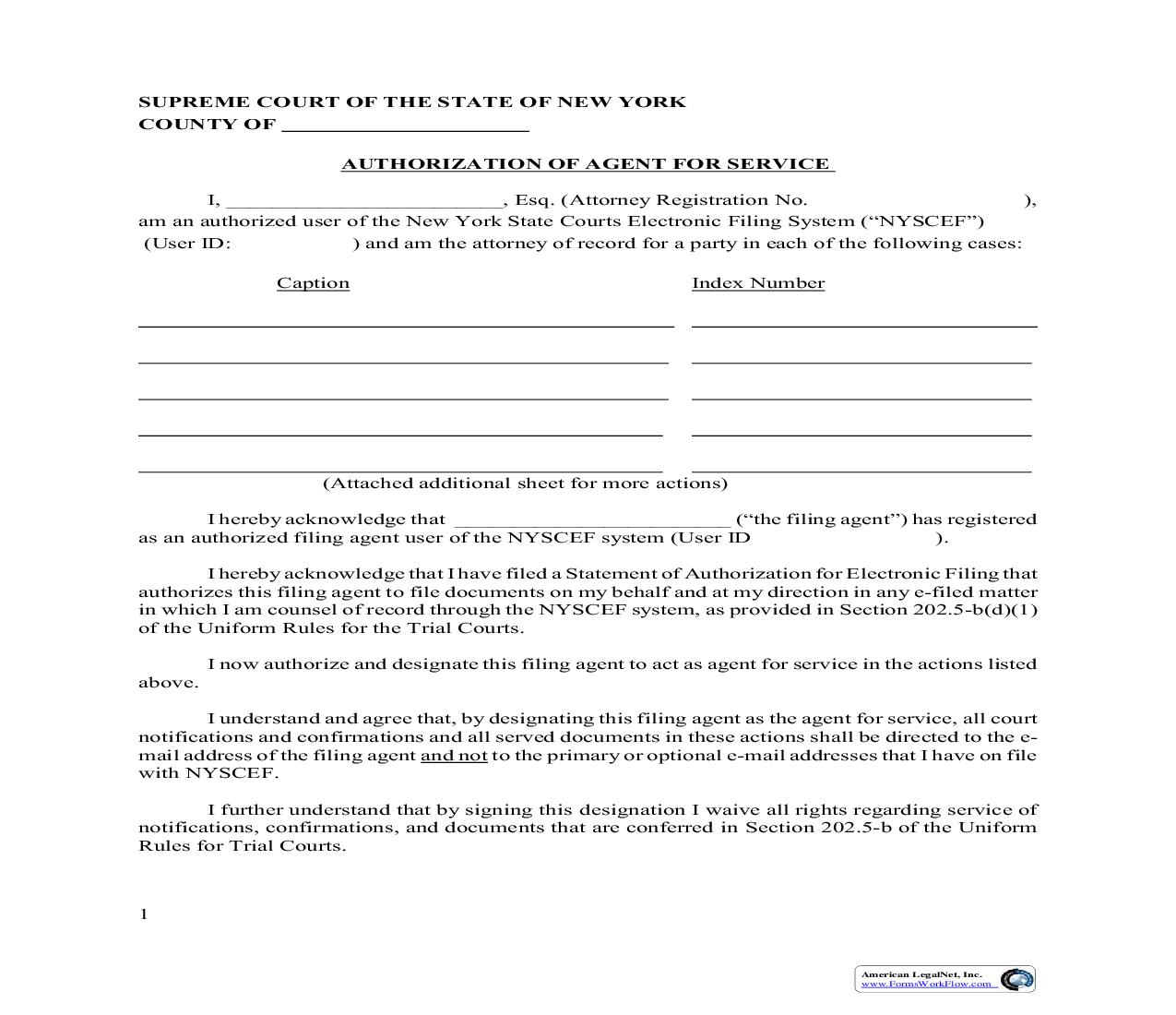 Authorization Of Agent For Service | Pdf Fpdf Doc Docx | New York