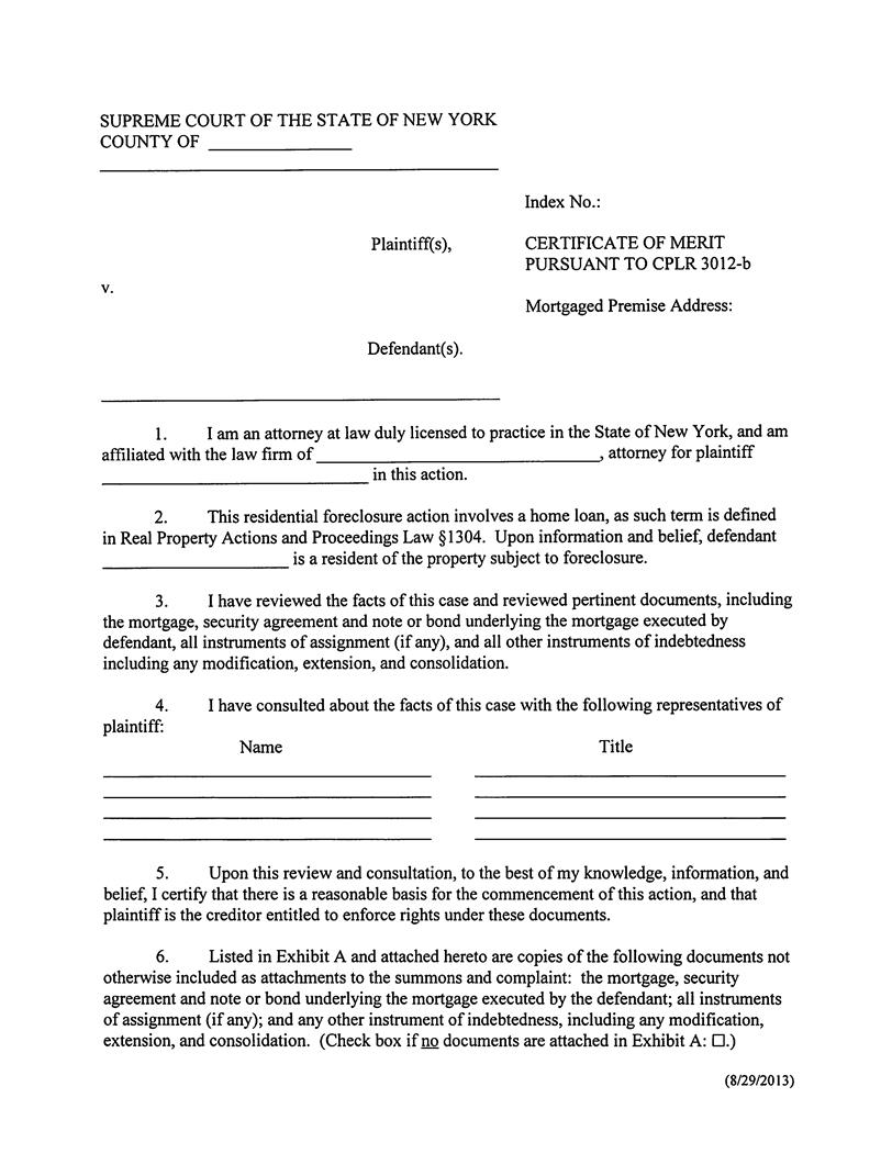 Certificate Of Merit Pursuant To CPLR 3012-b (Foreclosure) | Pdf Fpdf Docx | New York