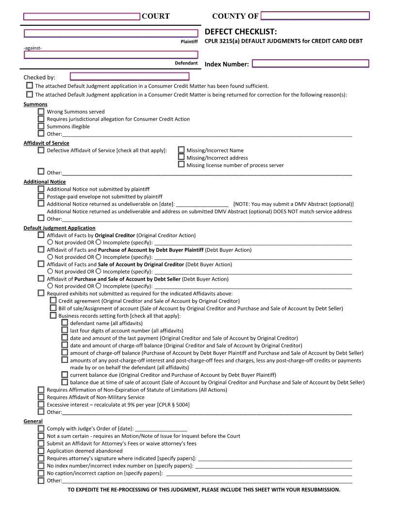 Defect Checklist CPLR 3215(a) Default Judgments For Credit Card Debt | Pdf Fpdf Docx | New York