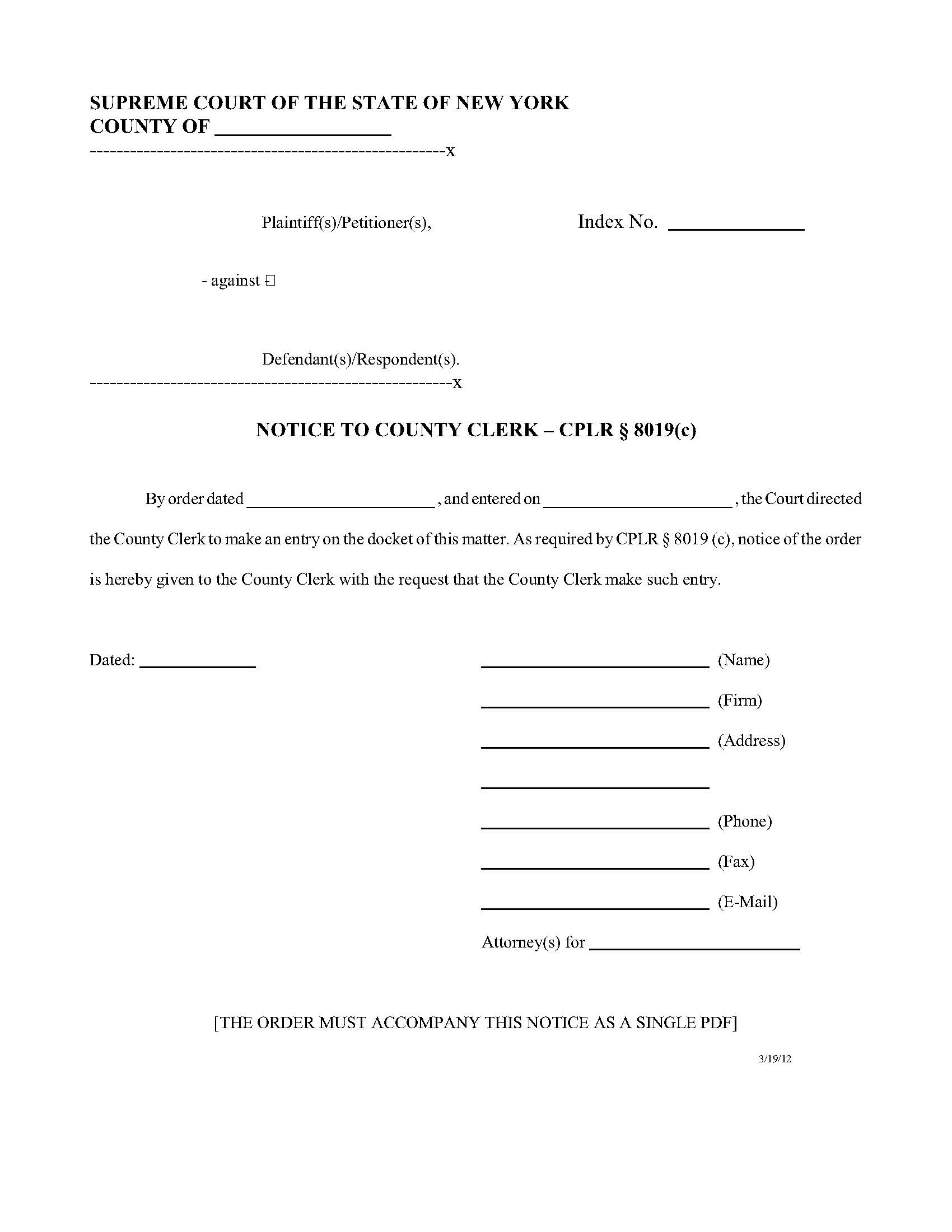 EF-22 Notice To County Clerk-CPLR 8019(c) {EF-22} | Pdf Fpdf Doc Docx | New York
