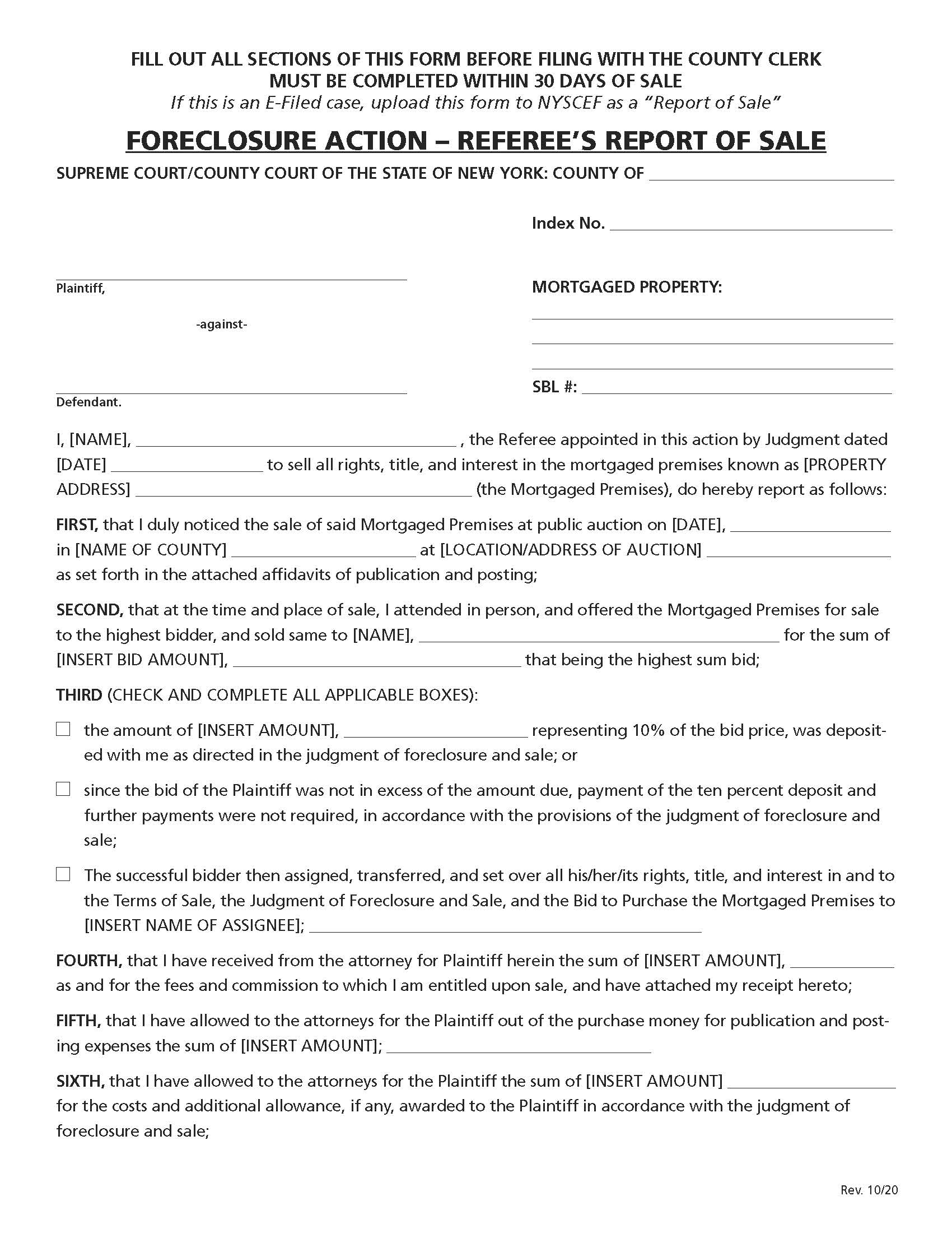 Foreclosure Action Referees Report Of Sale | Pdf Fpdf Docx | New York