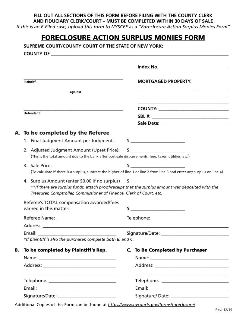 Foreclosure Action Surplus Monies Form | Pdf Fpdf Docx | New York