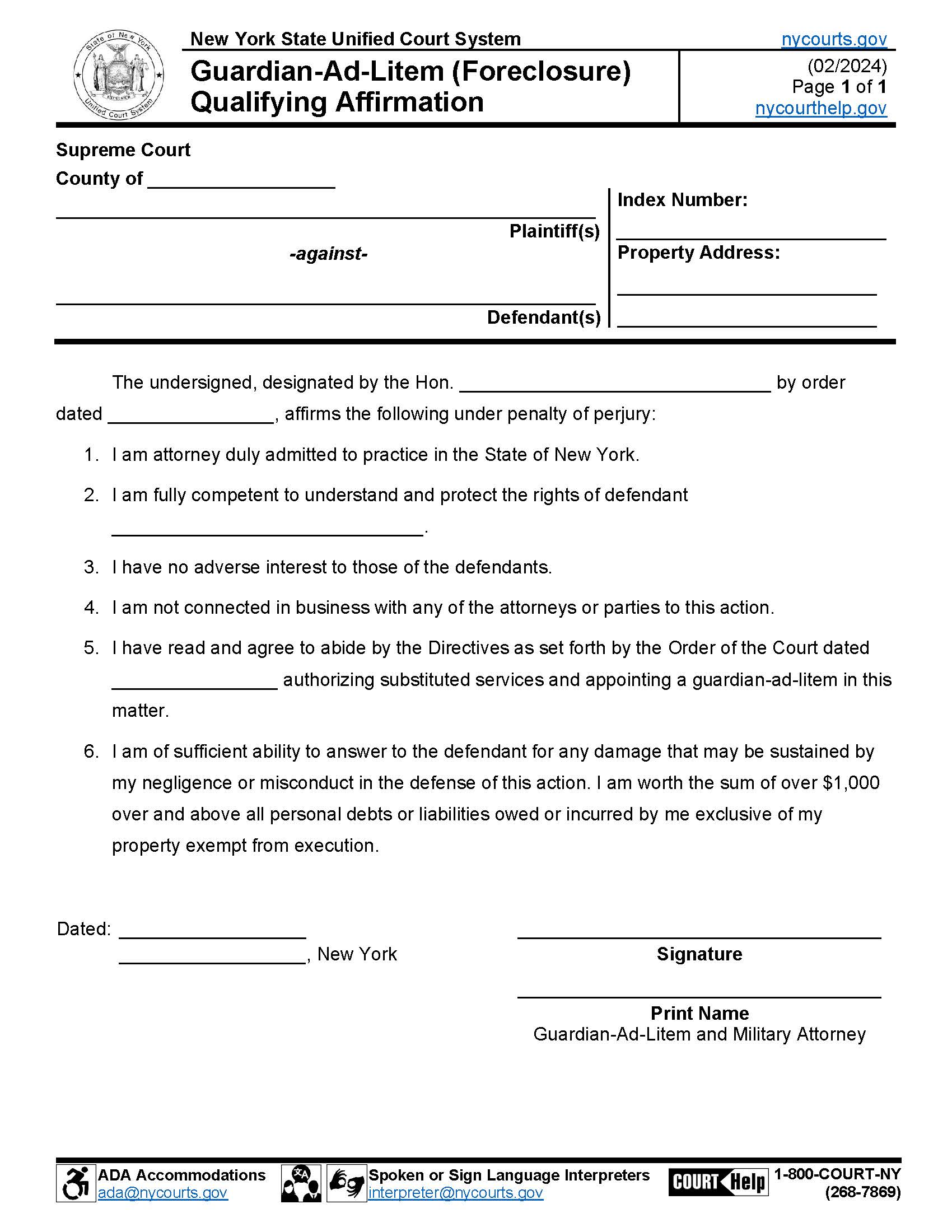Guardian Ad Litem (Foreclosure) Qualifying Affirmation | Pdf Fpdf Docx | New York