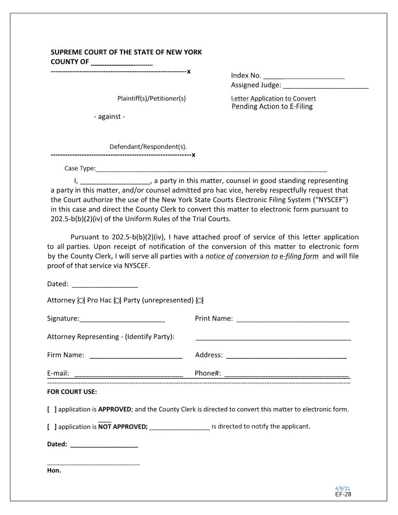 Letter Application To Convert Pending Action To E-Filing {EF-28} | Pdf Fpdf Docx | New York