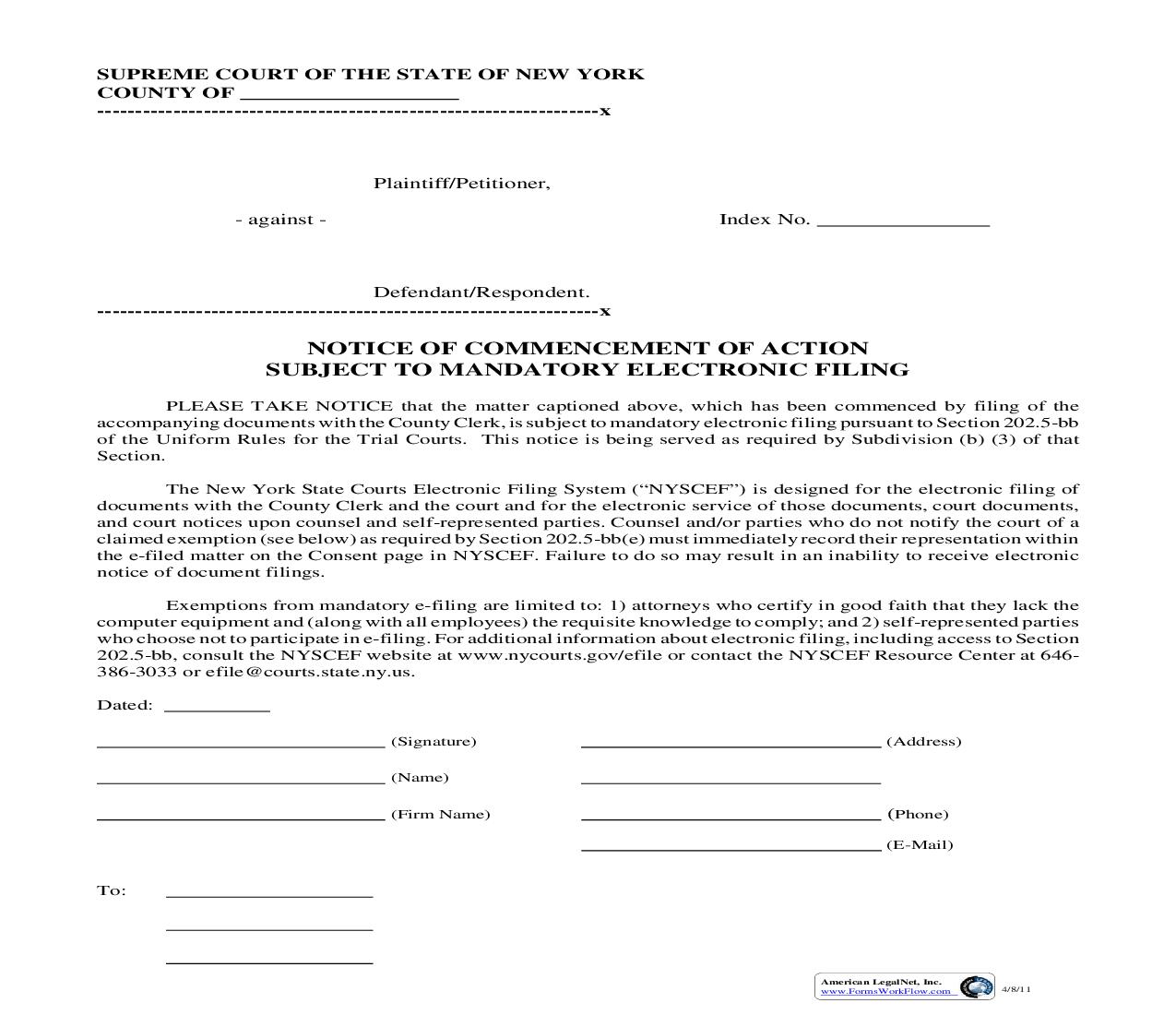 Notice Of Commencement Of Action Subject To Mandatory Electronic Filing | Pdf Fpdf Doc Docx | New York