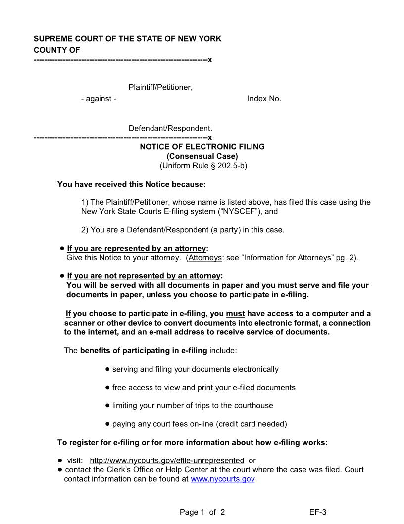 Notice Of Electronic Filing (Consensual Case) (Uniform Rule 202.5-b) {EF-3} | Pdf Fpdf Docx | New York