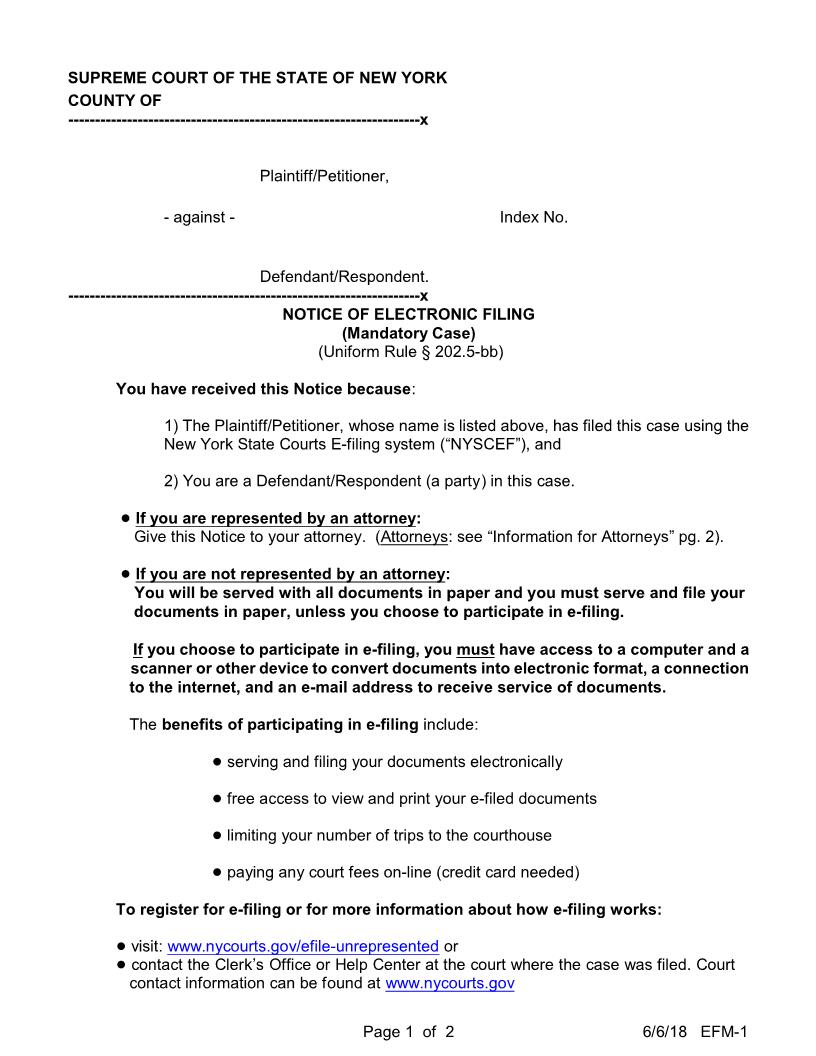 Notice Of Electronic Filing (Mandatory Case) (Uniform Rule 202.5-bb) {EFM-1} | Pdf Fpdf Docx | New York