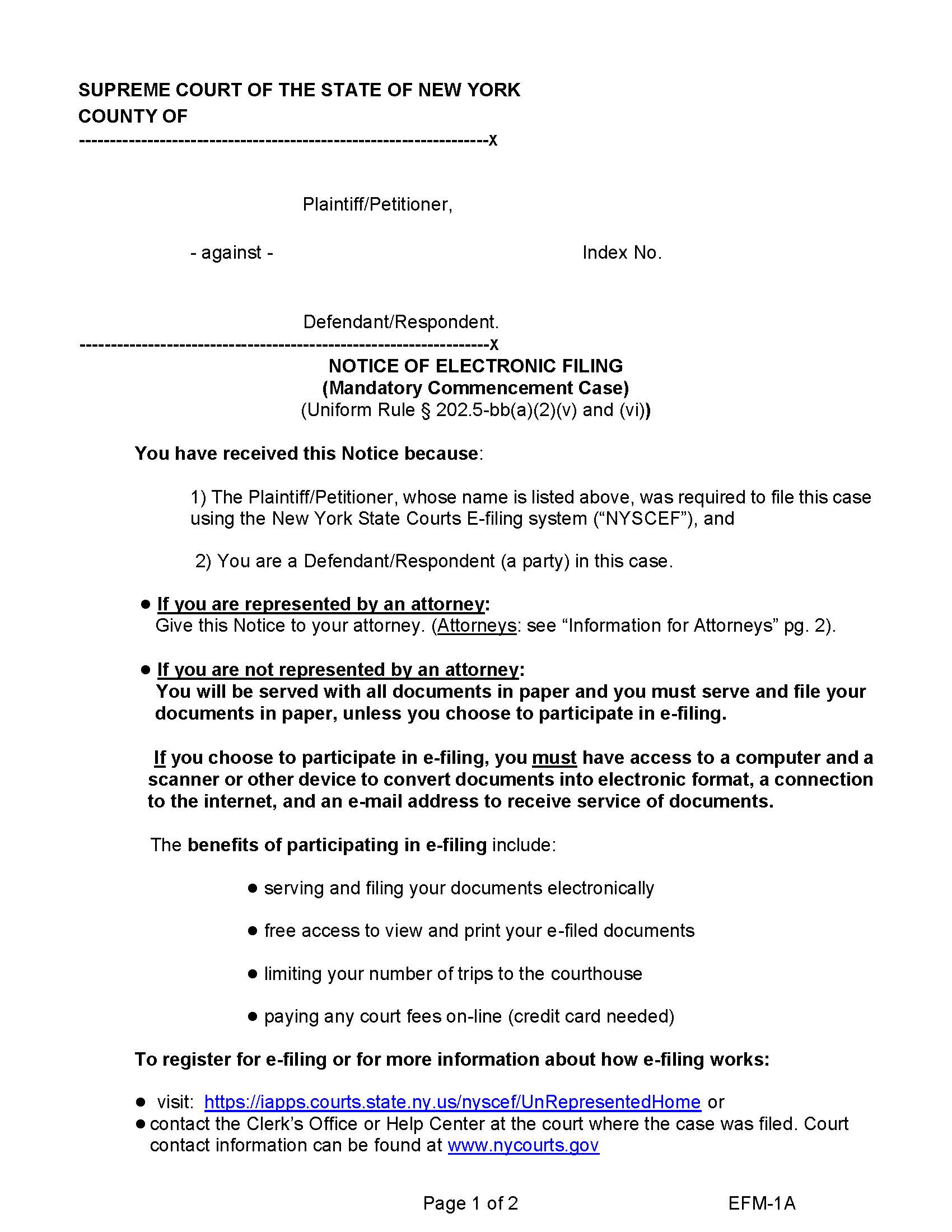Notice Of Electronic Filing (Mandatory Commencement) (Uniform Rule 202.5-bb(a)(2)(v) And (vi)) {EFM-1A} | Pdf Fpdf Docx | New York