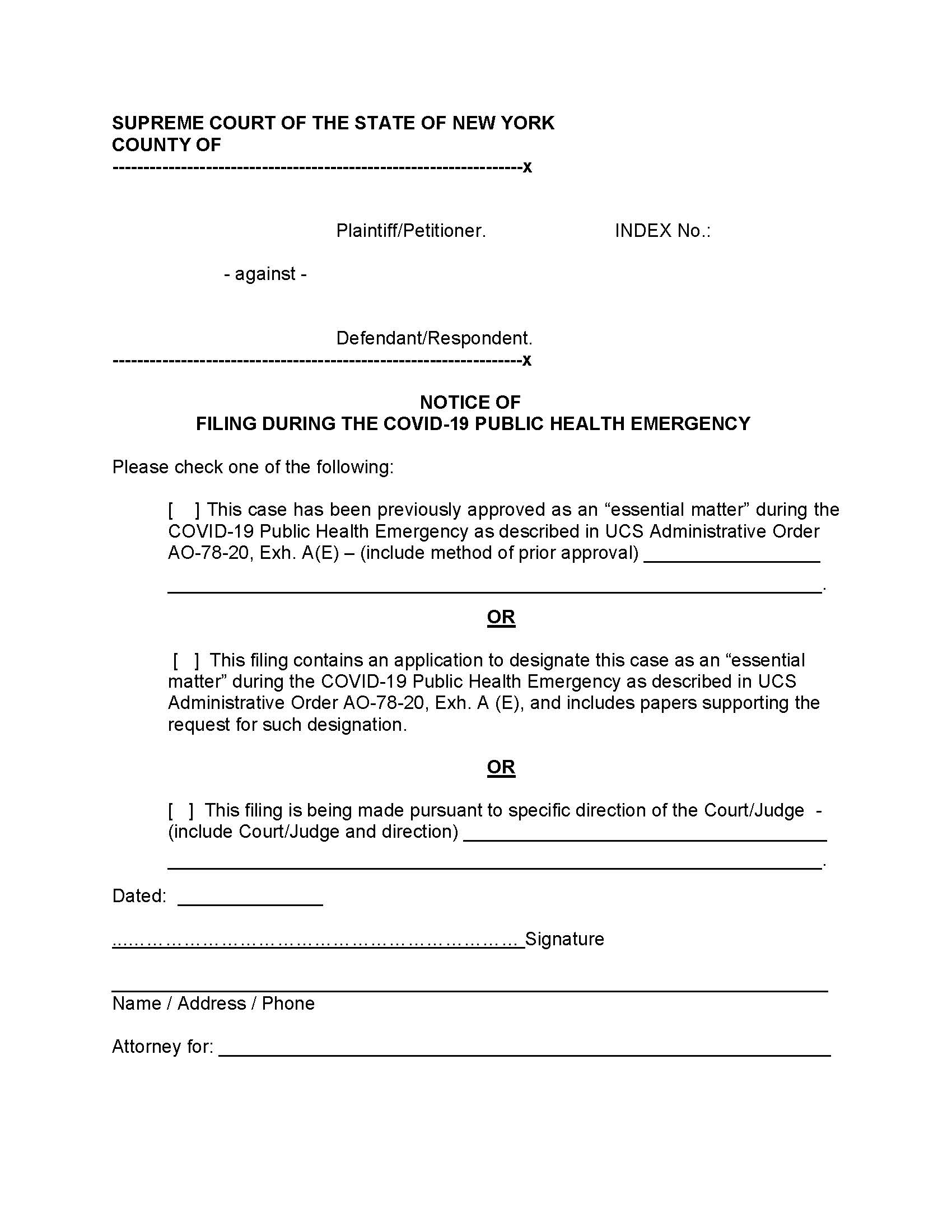 Notice Of Filing During The COVID-19 Public Health Emergency | Pdf Fpdf Docx | New York
