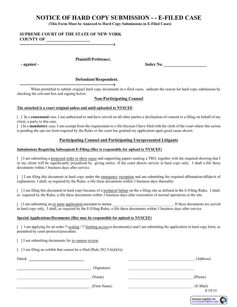 Notice Of Hard Copy Submission - E-Filed Case {EFM-3} | Pdf Fpdf Docx | New York